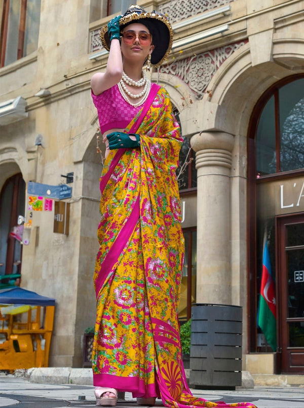 Amber Orange Premium Satin Designer Saree - TrendOye