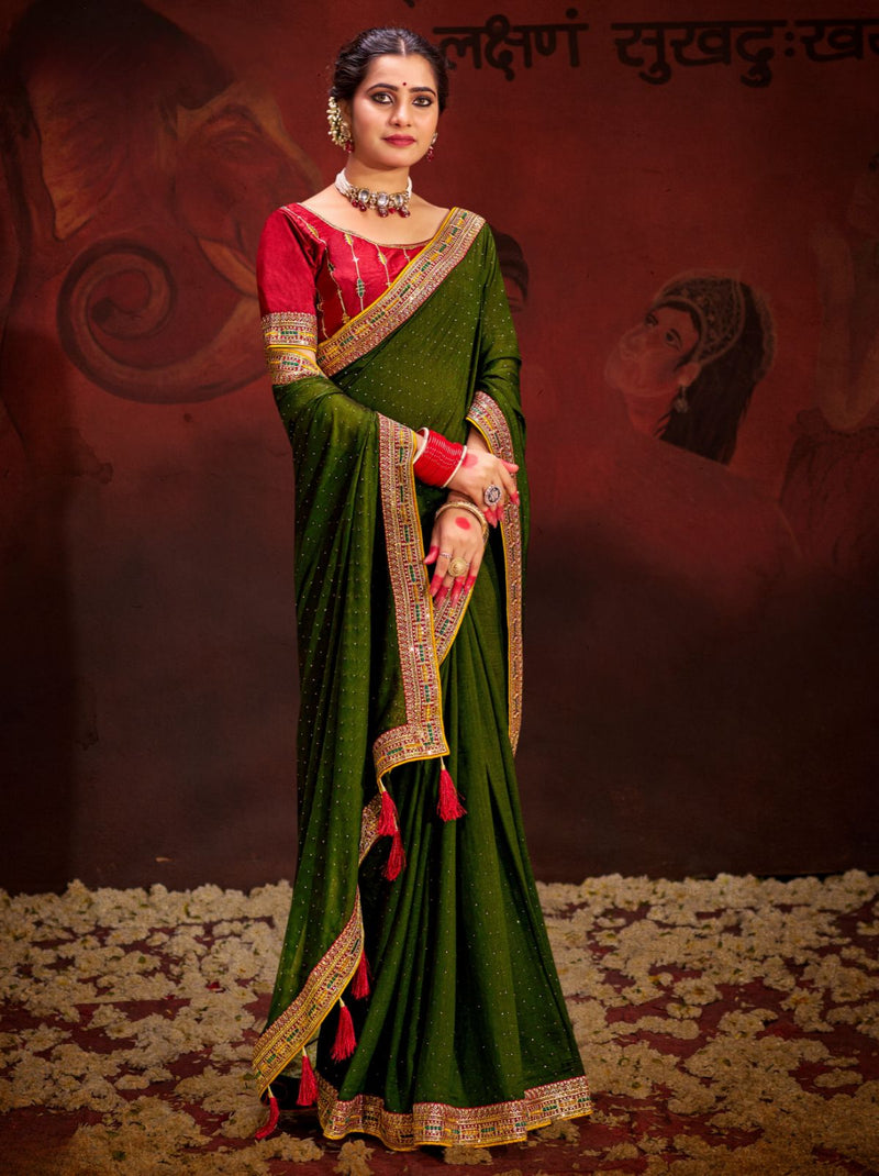 Army Green Fine Ethnic Designer Silk Saree - TrendOye