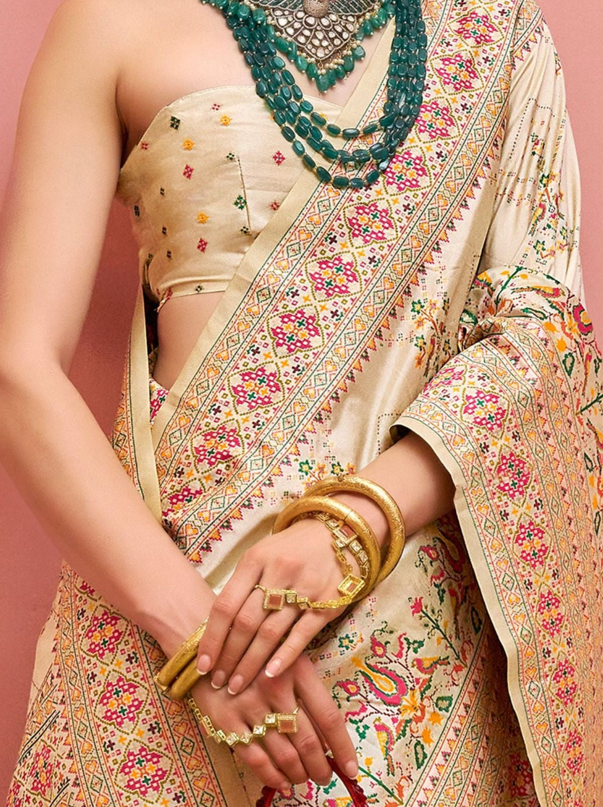 Beige Banarasi Silk Saree With Meenakari Work