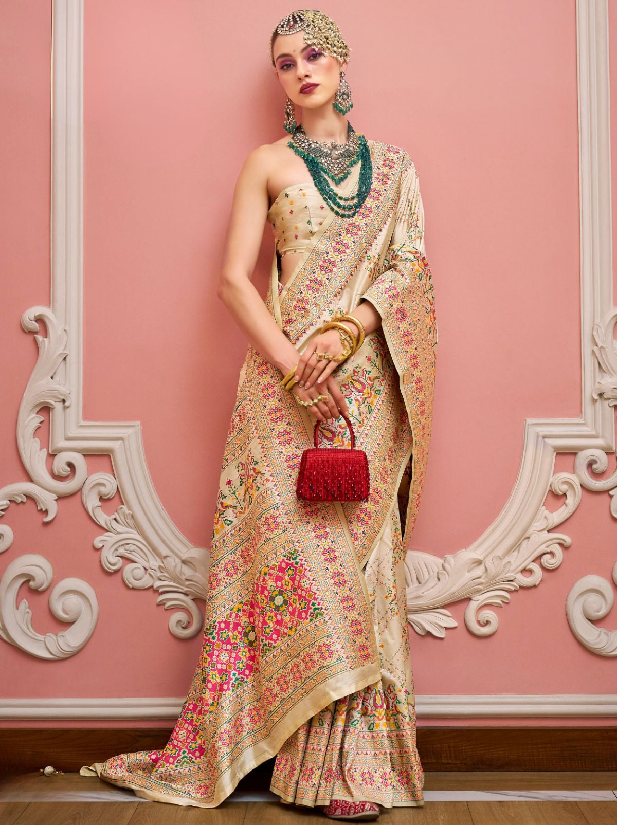 Beige Banarasi Silk Saree With Meenakari Work