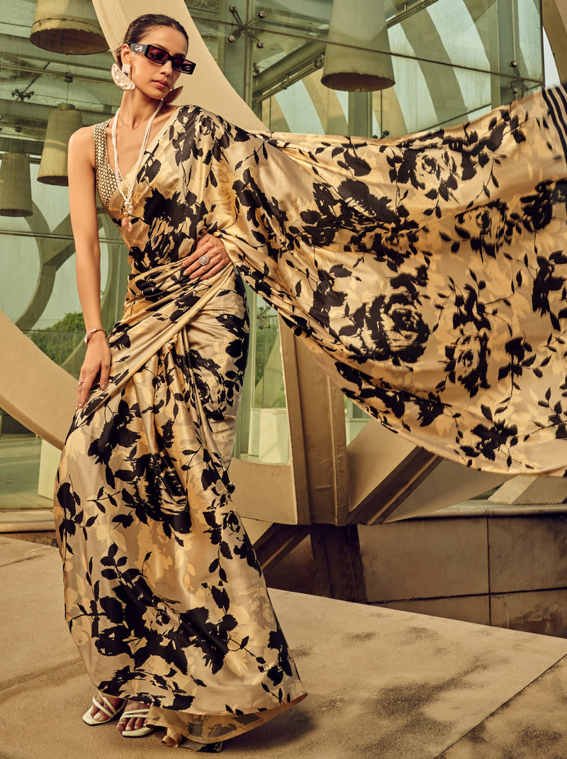 Beige-Black Floral Pattern Fancy Digital Satin Crepe Saree