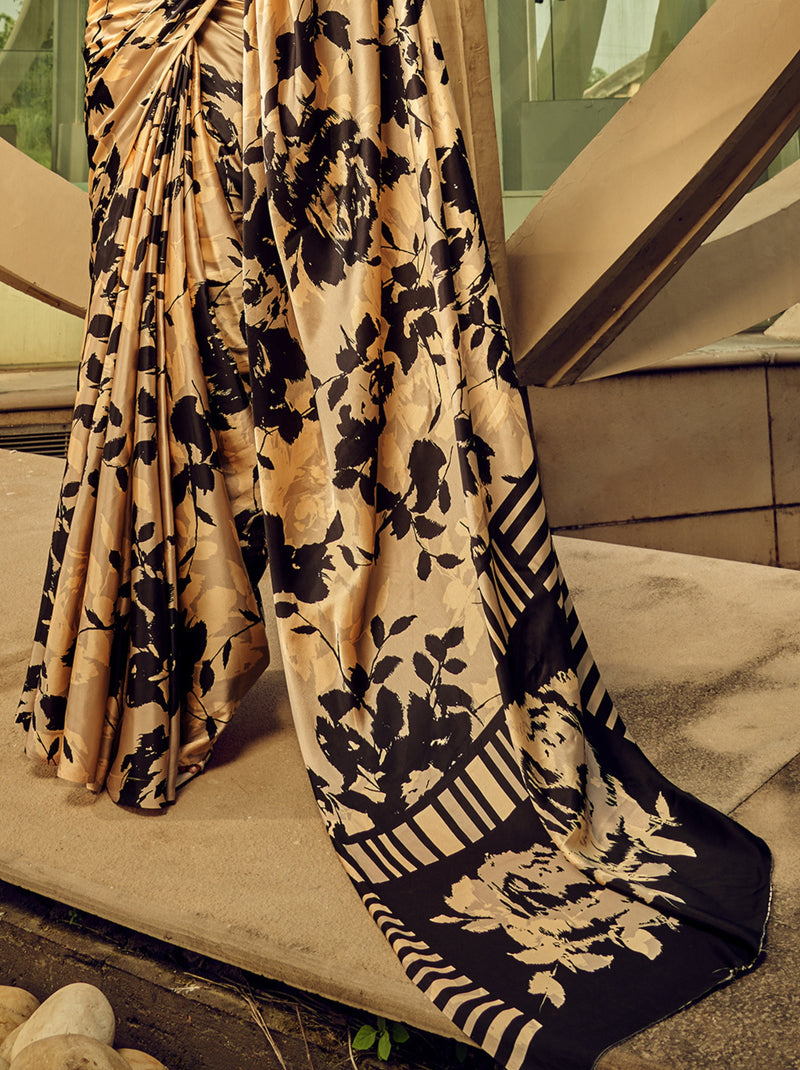 Beige-Black Floral Pattern Fancy Digital Satin Crepe Saree