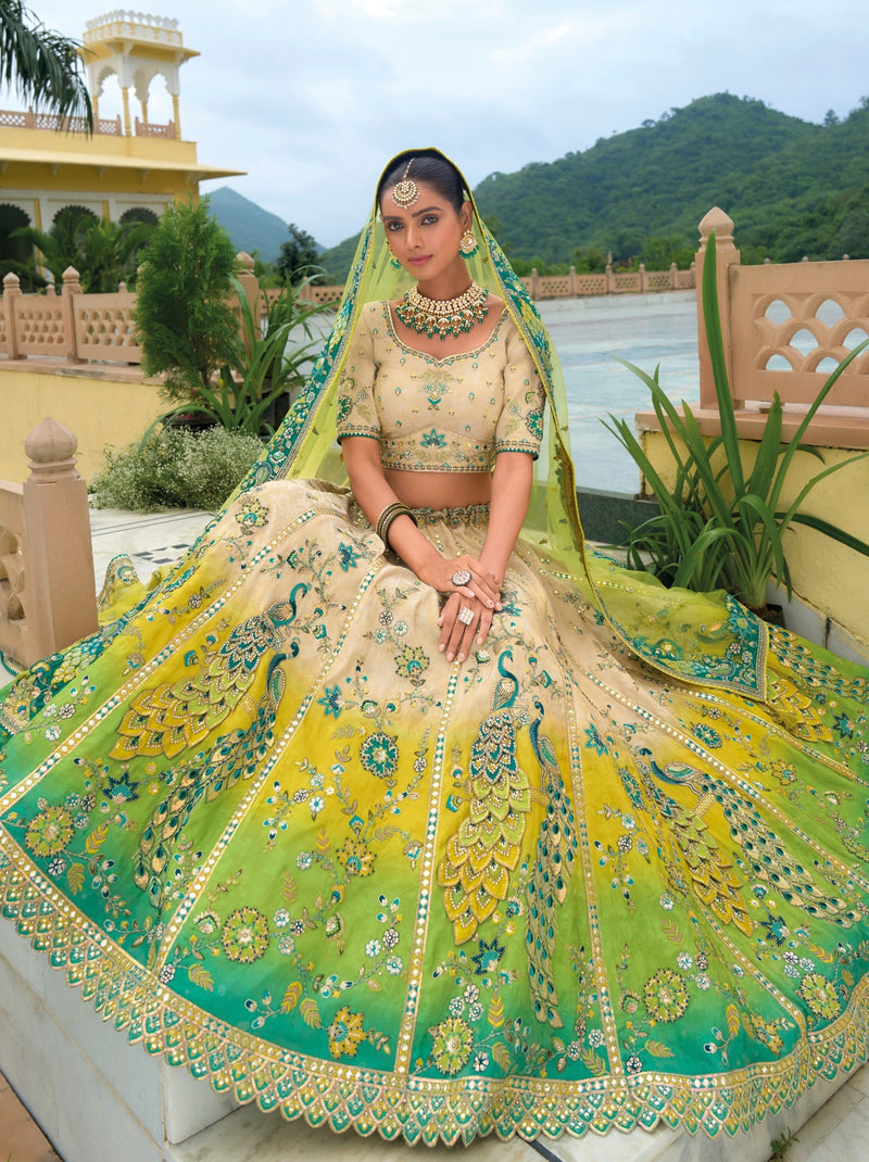 Beige Wedding Lehenga Set With Embellished Patch work - TrendOye