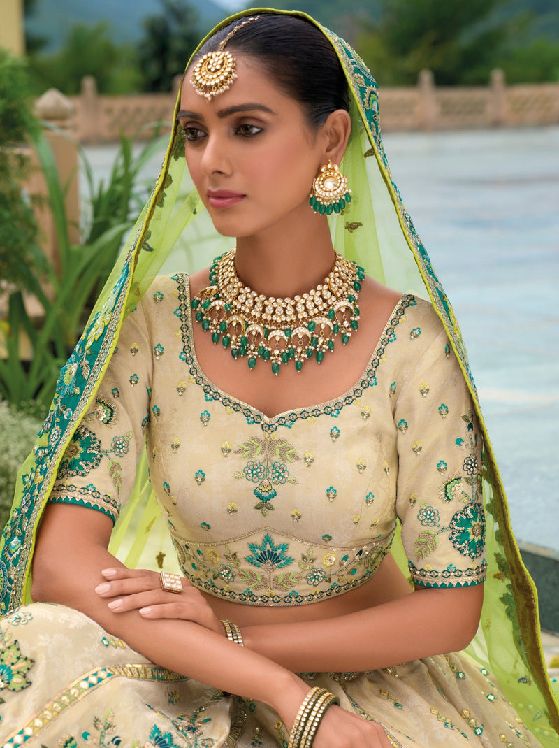 Beige Wedding Lehenga Set With Embellished Patch work - TrendOye