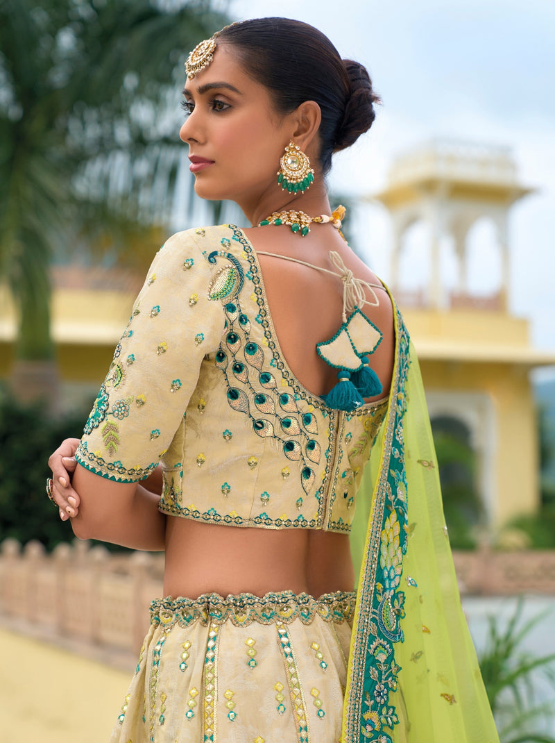 Beige Wedding Lehenga Set With Embellished Patch work - TrendOye