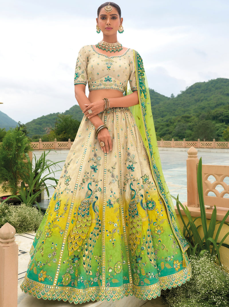 Beige Wedding Lehenga Set With Embellished Patch work - TrendOye