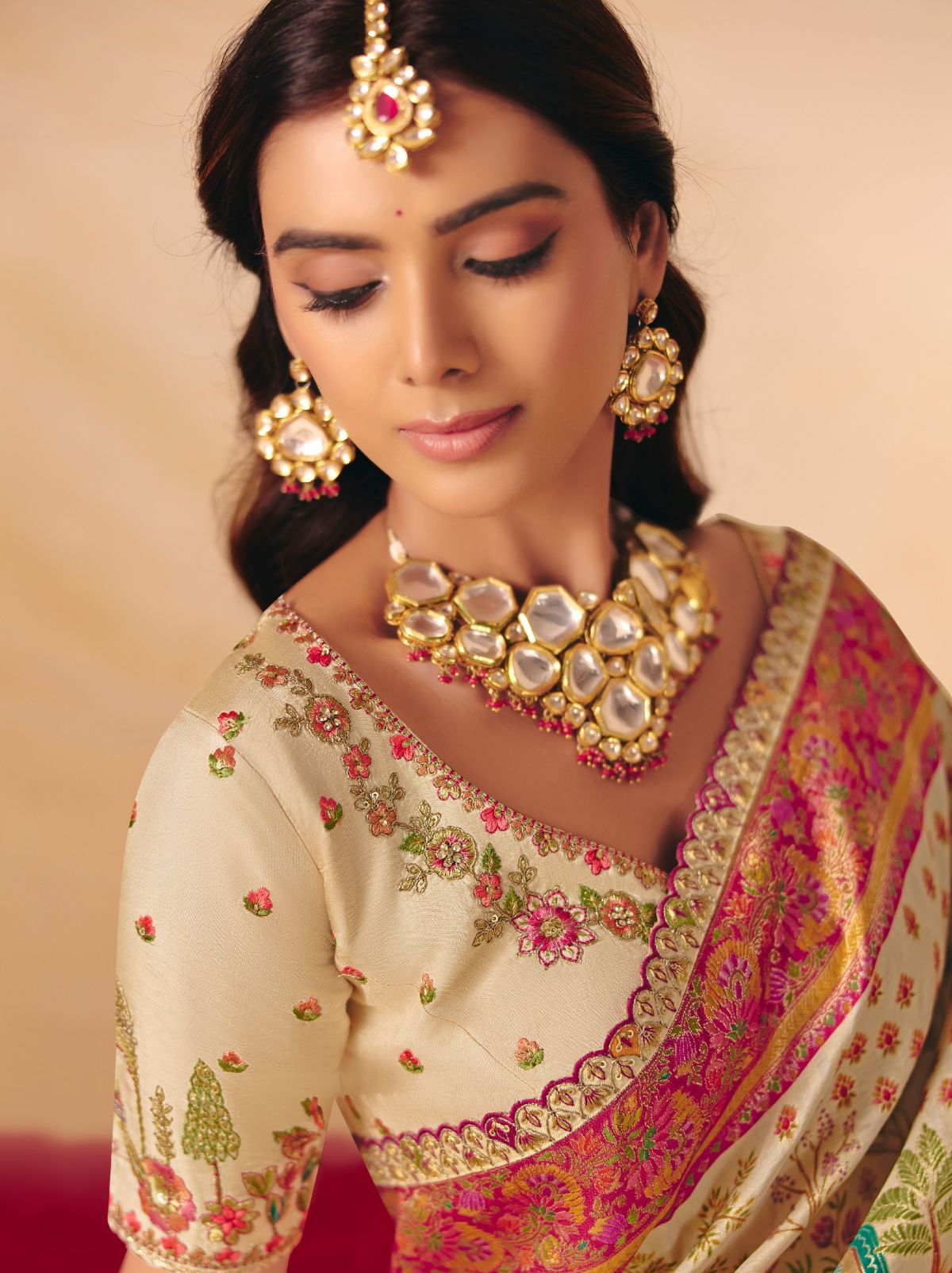 Off White Designer Dola Silk Saree with Embroidery