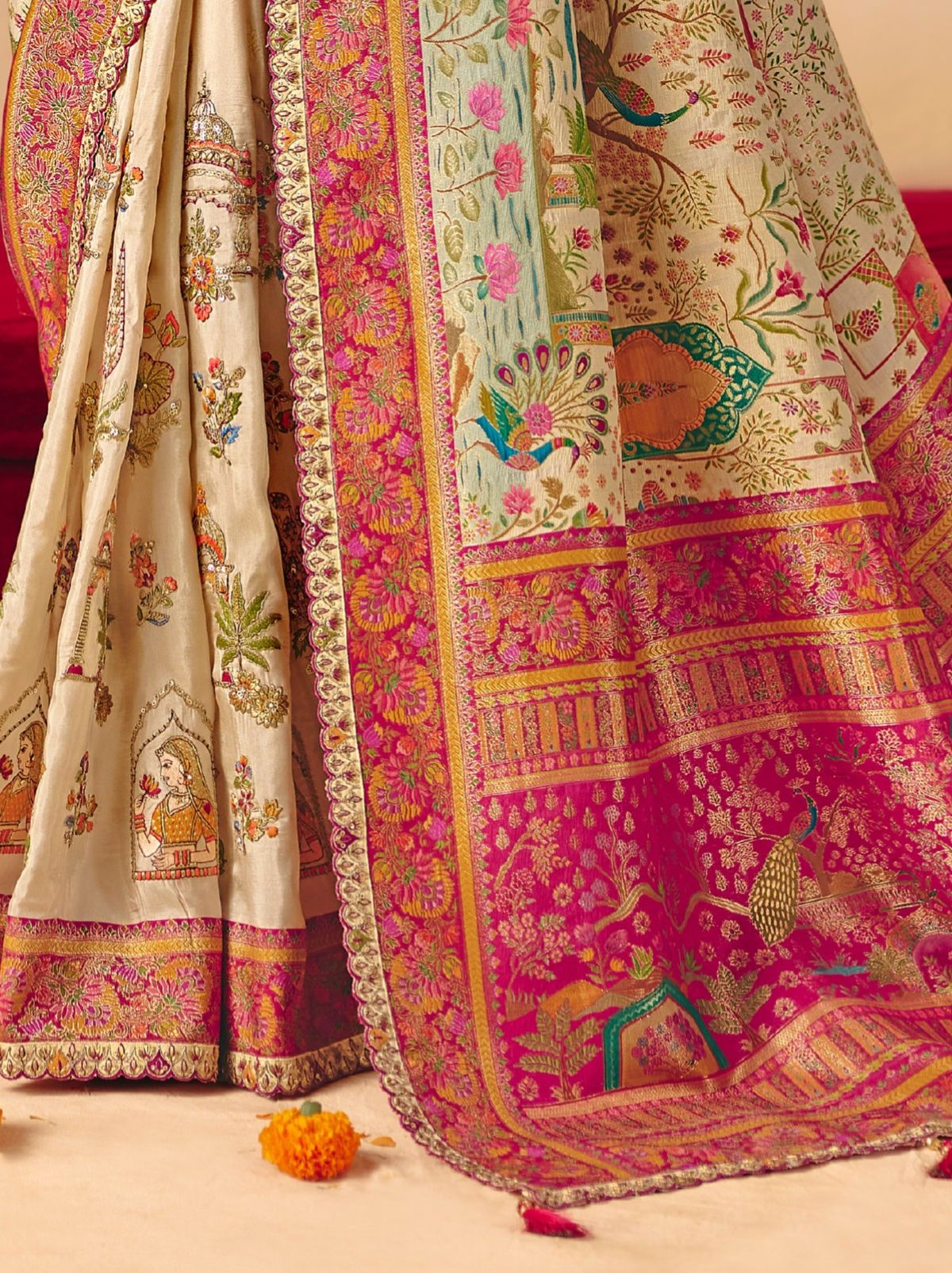 Off White Designer Dola Silk Saree with Embroidery