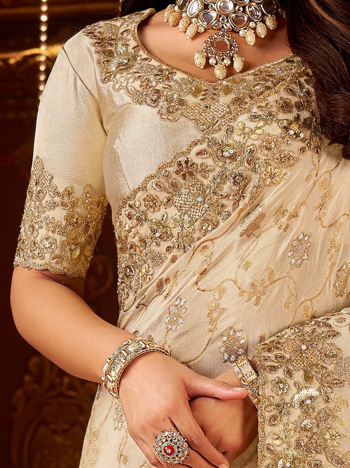 Beige Designer Fancy Silk Bridal Saree With Blouse Piece
