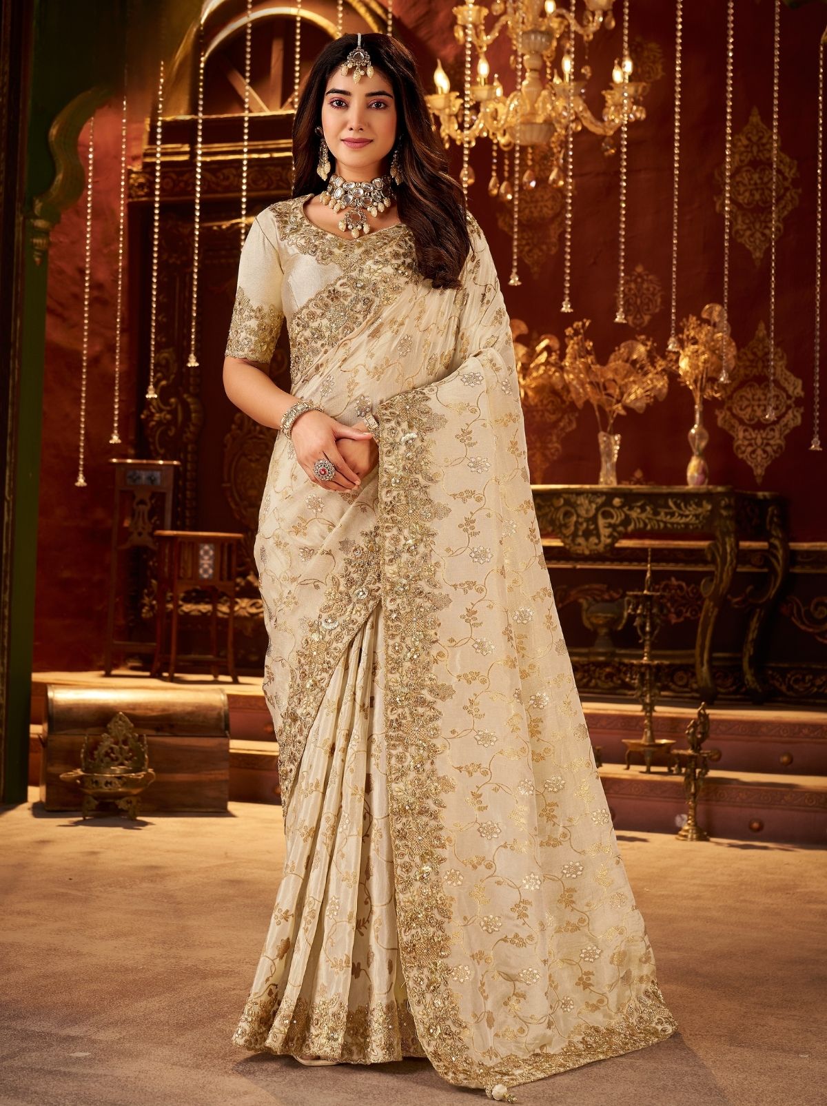 Beige Designer Fancy Silk Bridal Saree With Blouse Piece