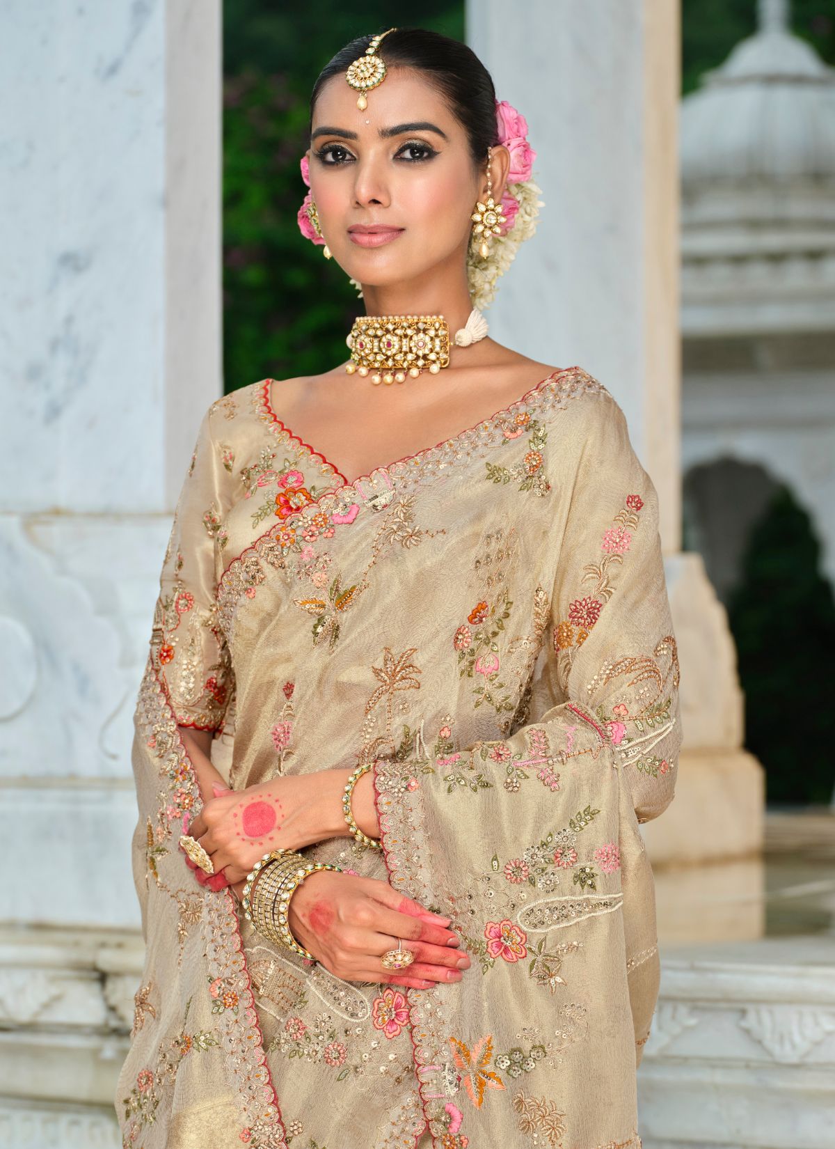 Beige Designer Premium Silk Saree With Heavy Work - TrendOye