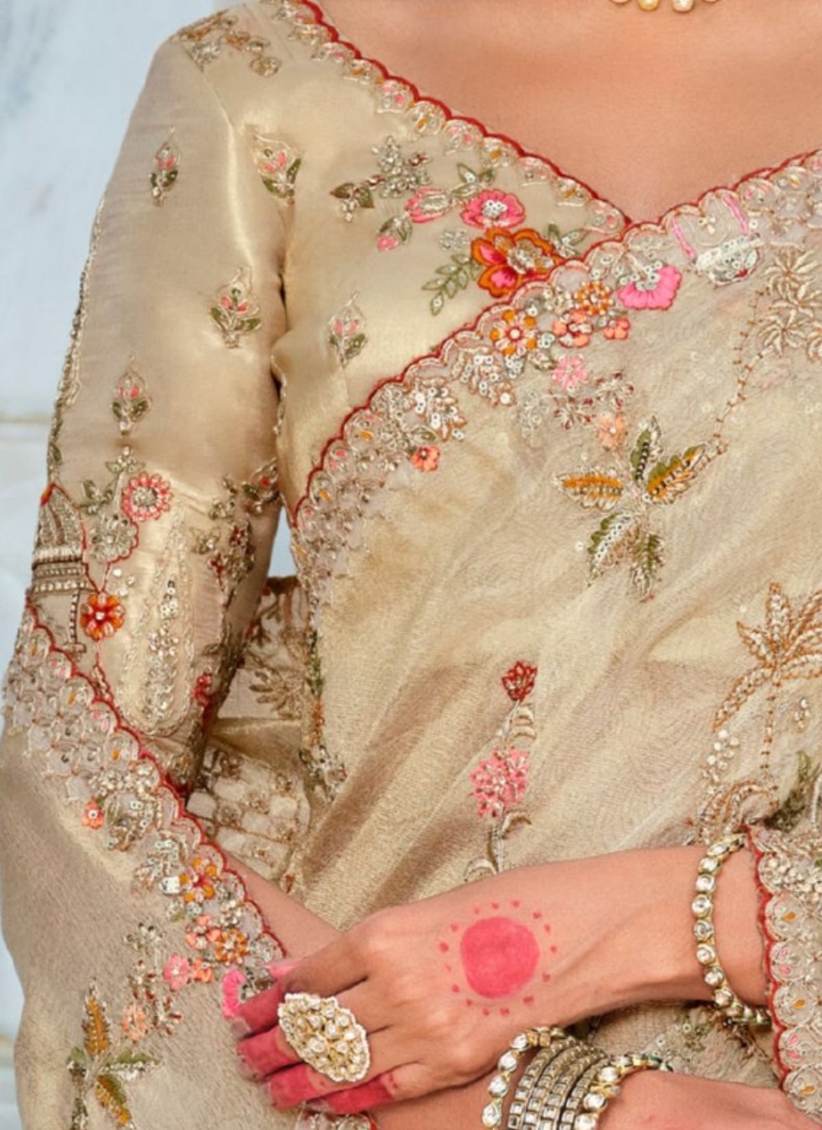 Beige Designer Premium Silk Saree With Heavy Work - TrendOye