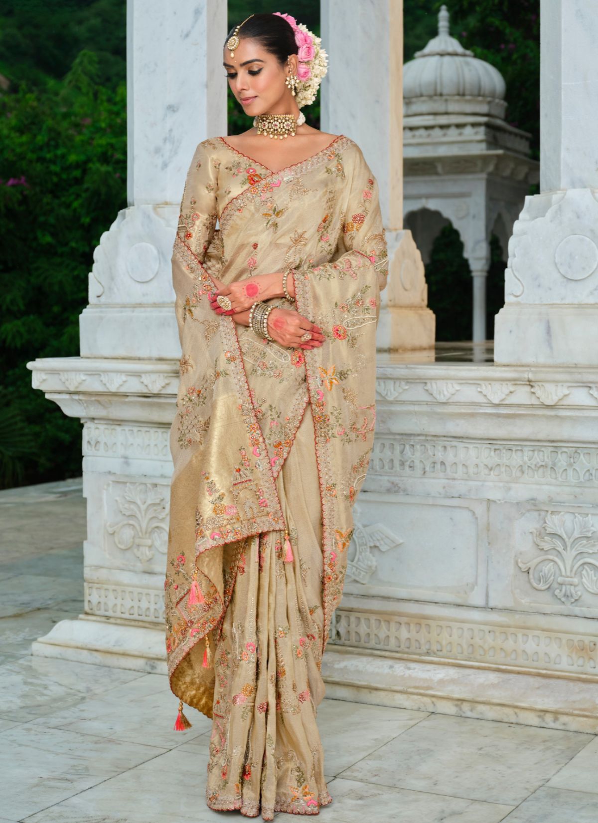 Beige Designer Premium Silk Saree With Heavy Work - TrendOye