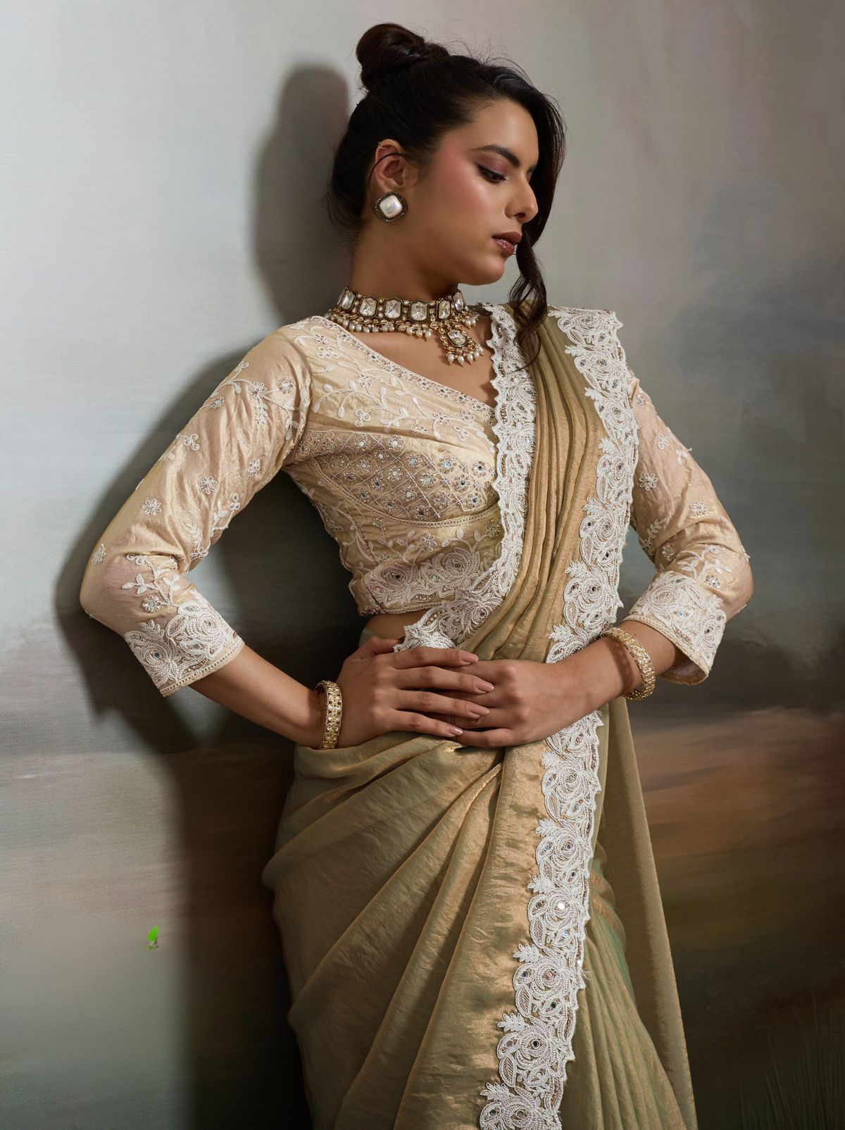 Dark Beige Designer Satin Velvet Silk Saree With Mirror Work