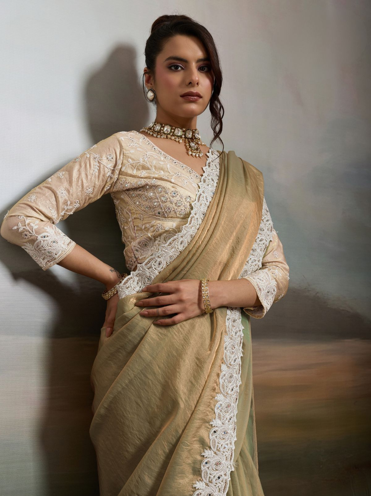Dark Beige Designer Satin Velvet Silk Saree With Mirror Work