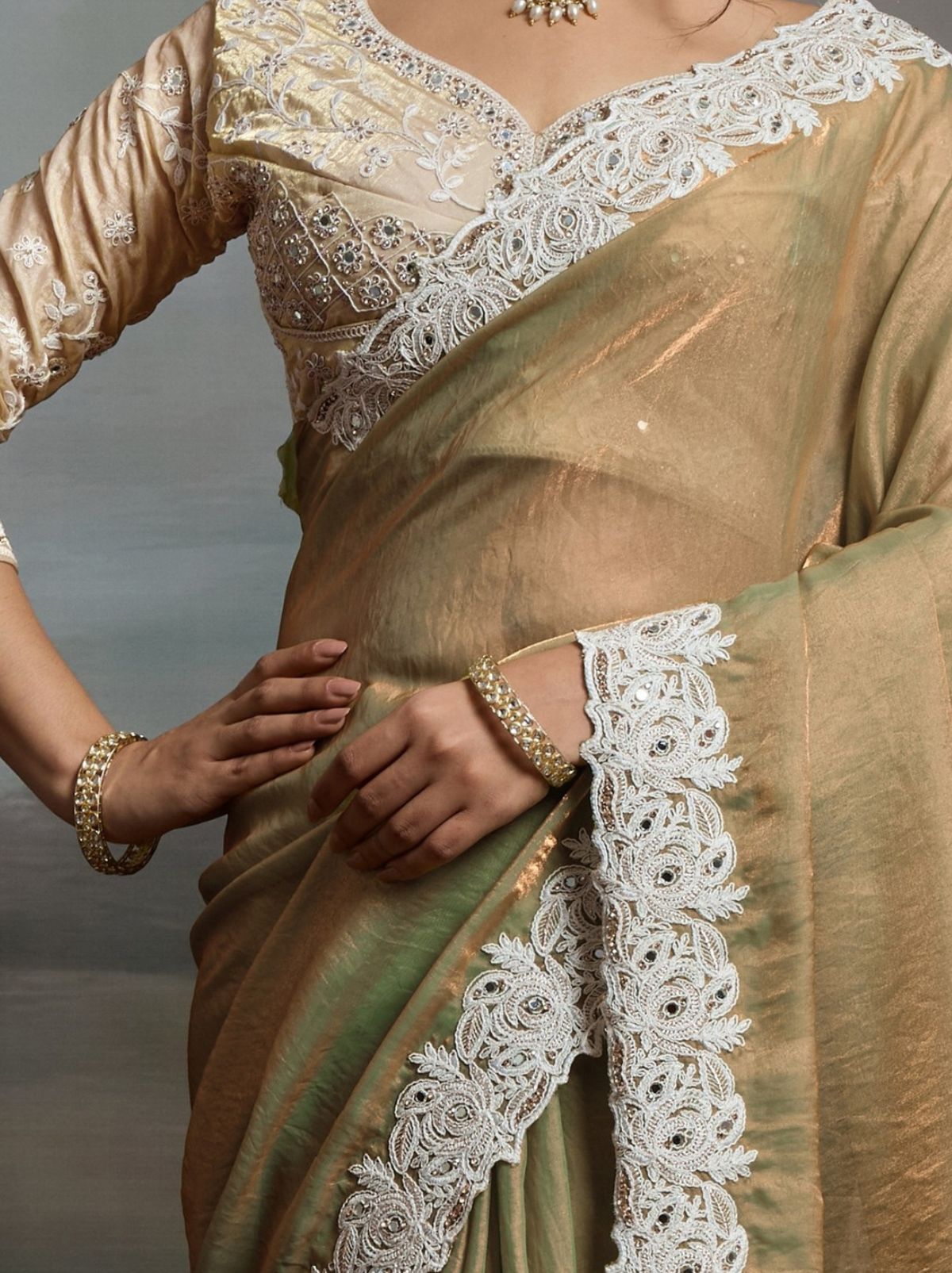 Dark Beige Designer Satin Velvet Silk Saree With Mirror Work