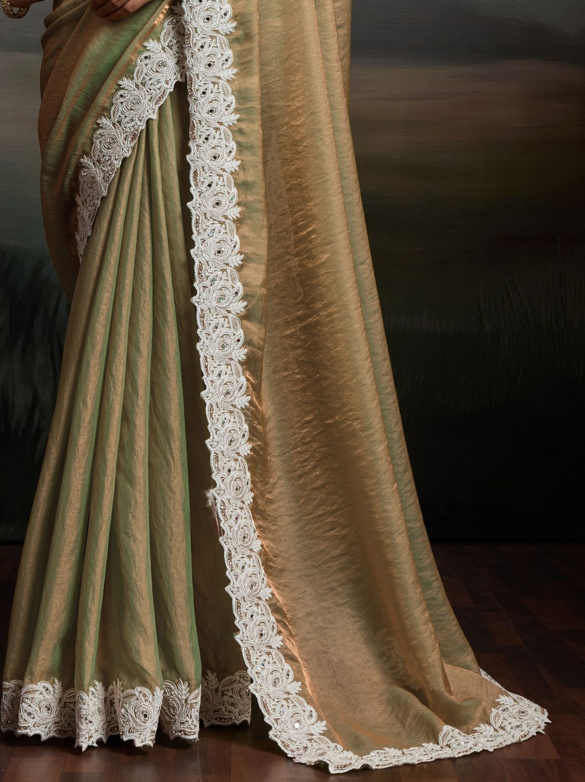 Dark Beige Designer Satin Velvet Silk Saree With Mirror Work