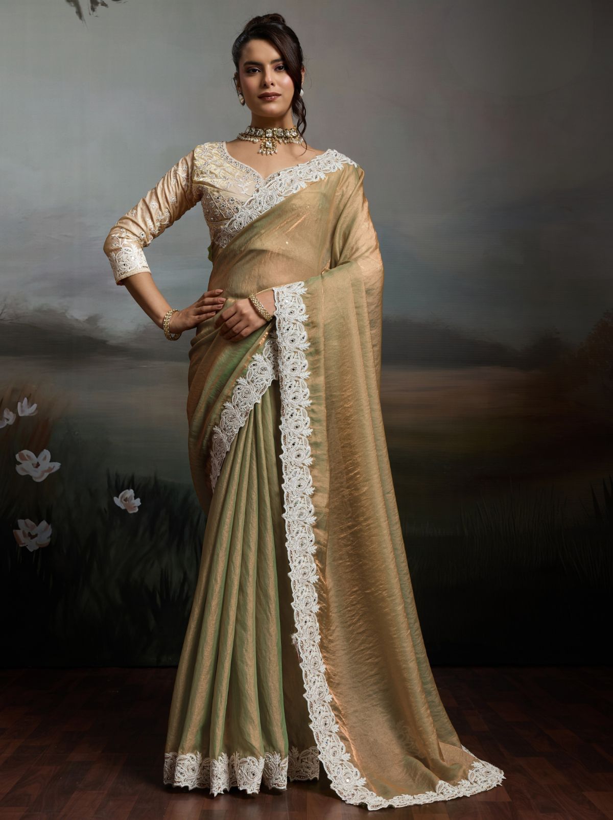 Dark Beige Designer Satin Velvet Silk Saree With Mirror Work
