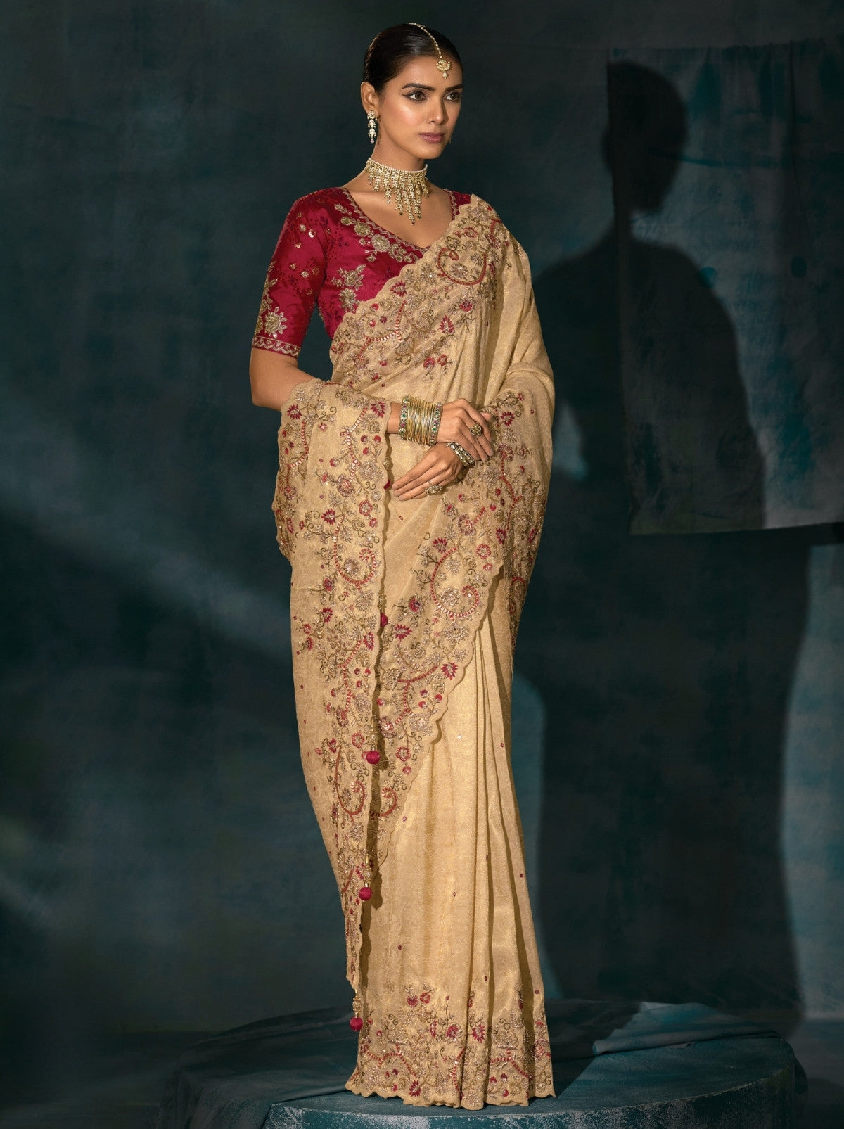 Tuscan Beige Wedding Designer Soft Silk Saree With Blouse Piece
