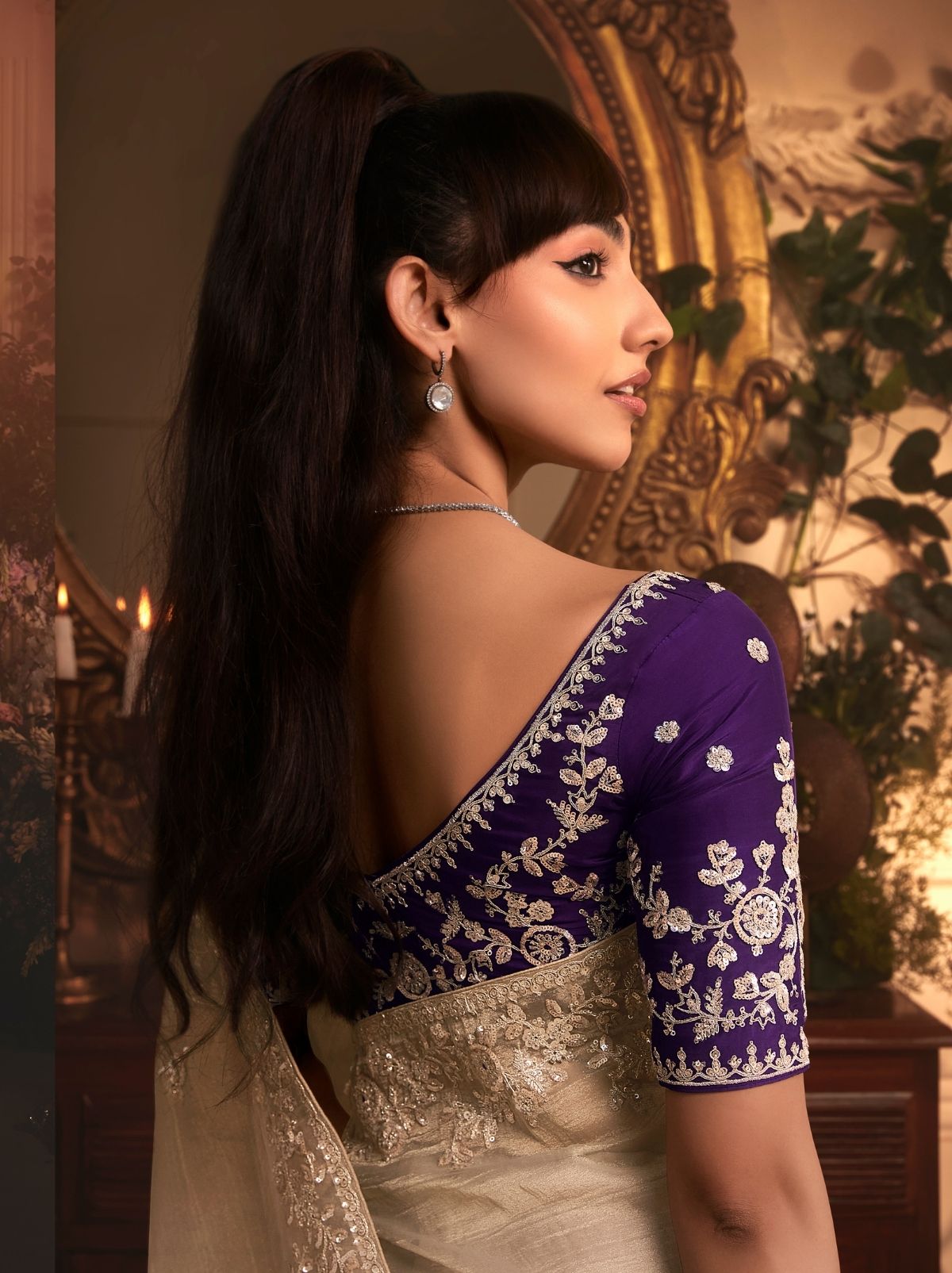 Beige Designer Tissue Organza Saree with Stone Work
