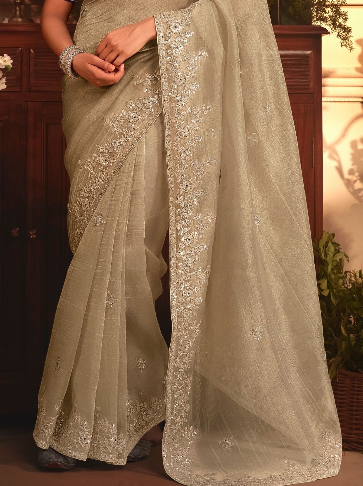 Beige Designer Tissue Organza Saree with Stone Work