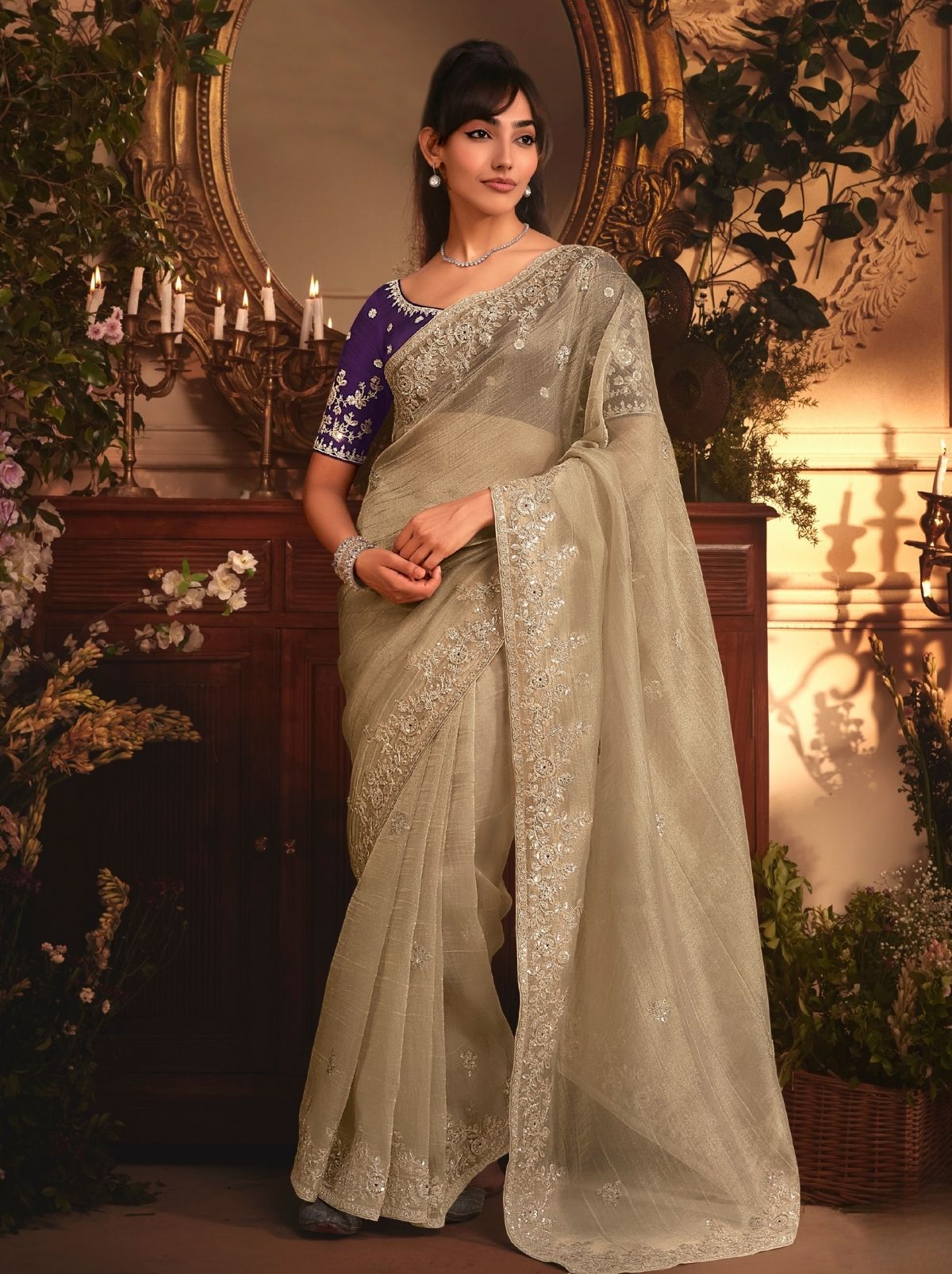 Beige Designer Tissue Organza Saree with Stone Work