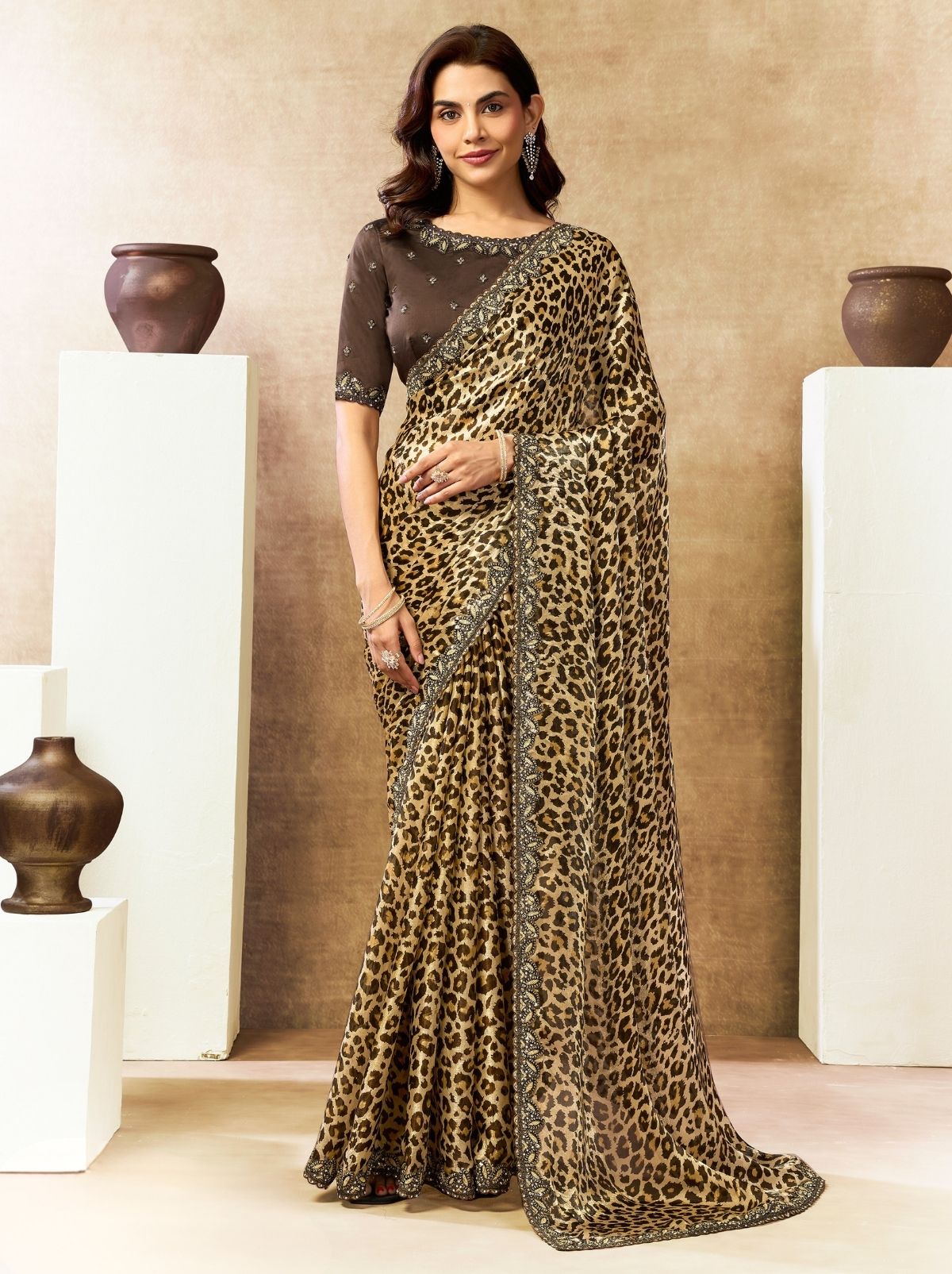 Beige Designer Two Tone Satin Silk Saree With Leopard Print - TrendOye
