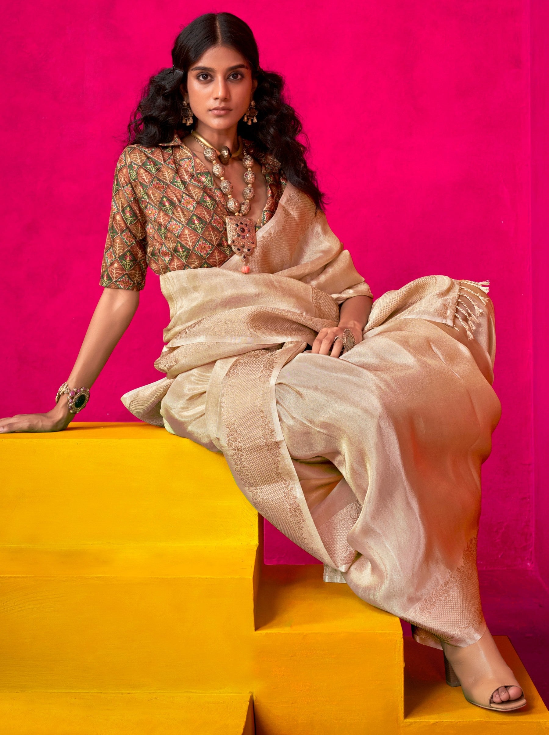 Beige Tissue Silk Party Saree - TrendOye