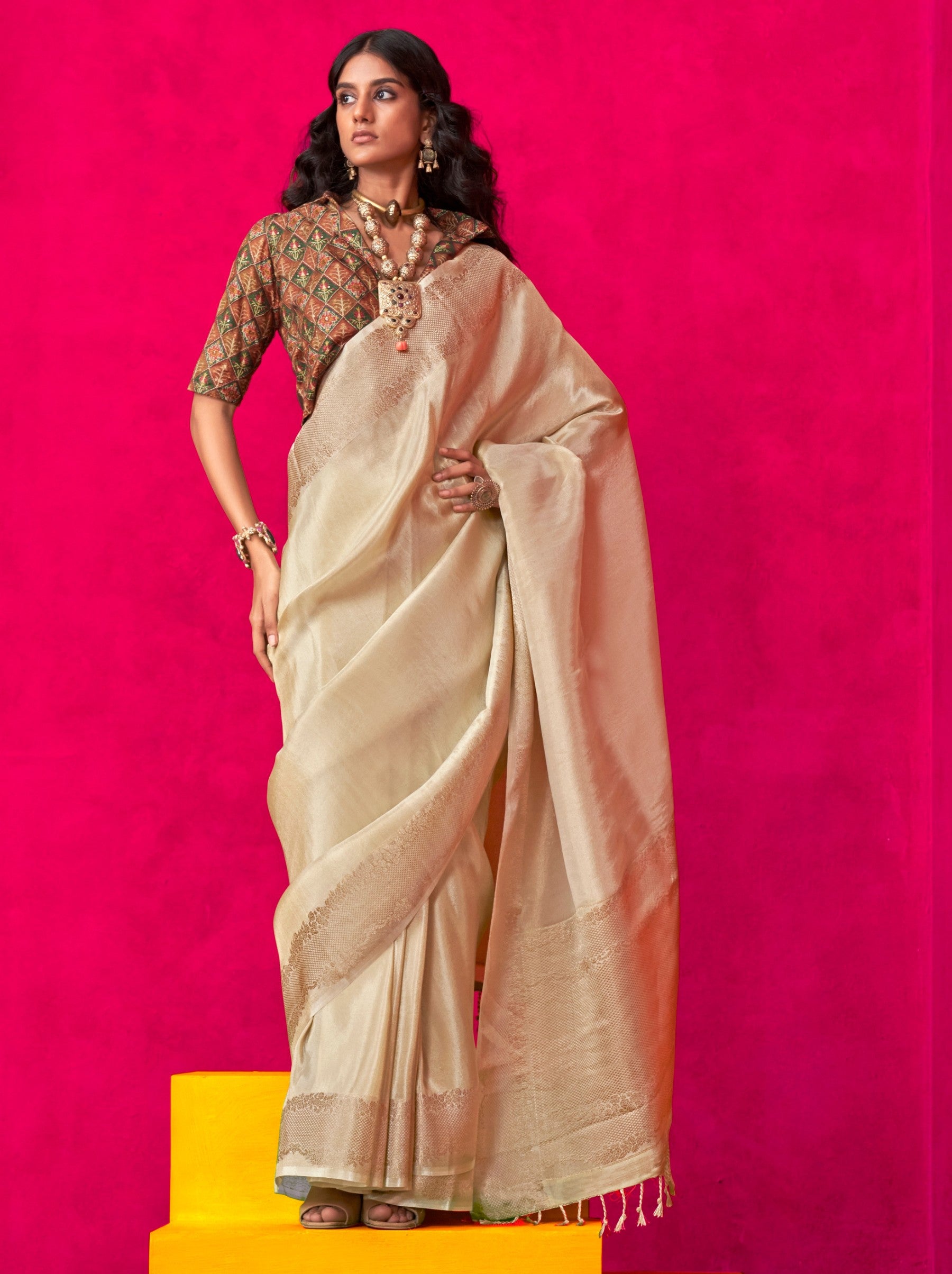 Beige Tissue Silk Party Saree - TrendOye