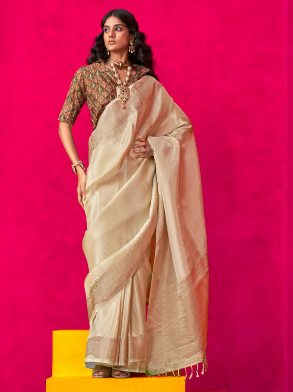 Beige Tissue Silk Party Saree