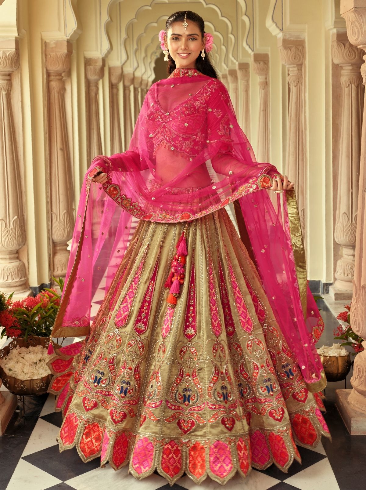 Sand Beige Majestic Wedding Lehenga Set With Mirror Work