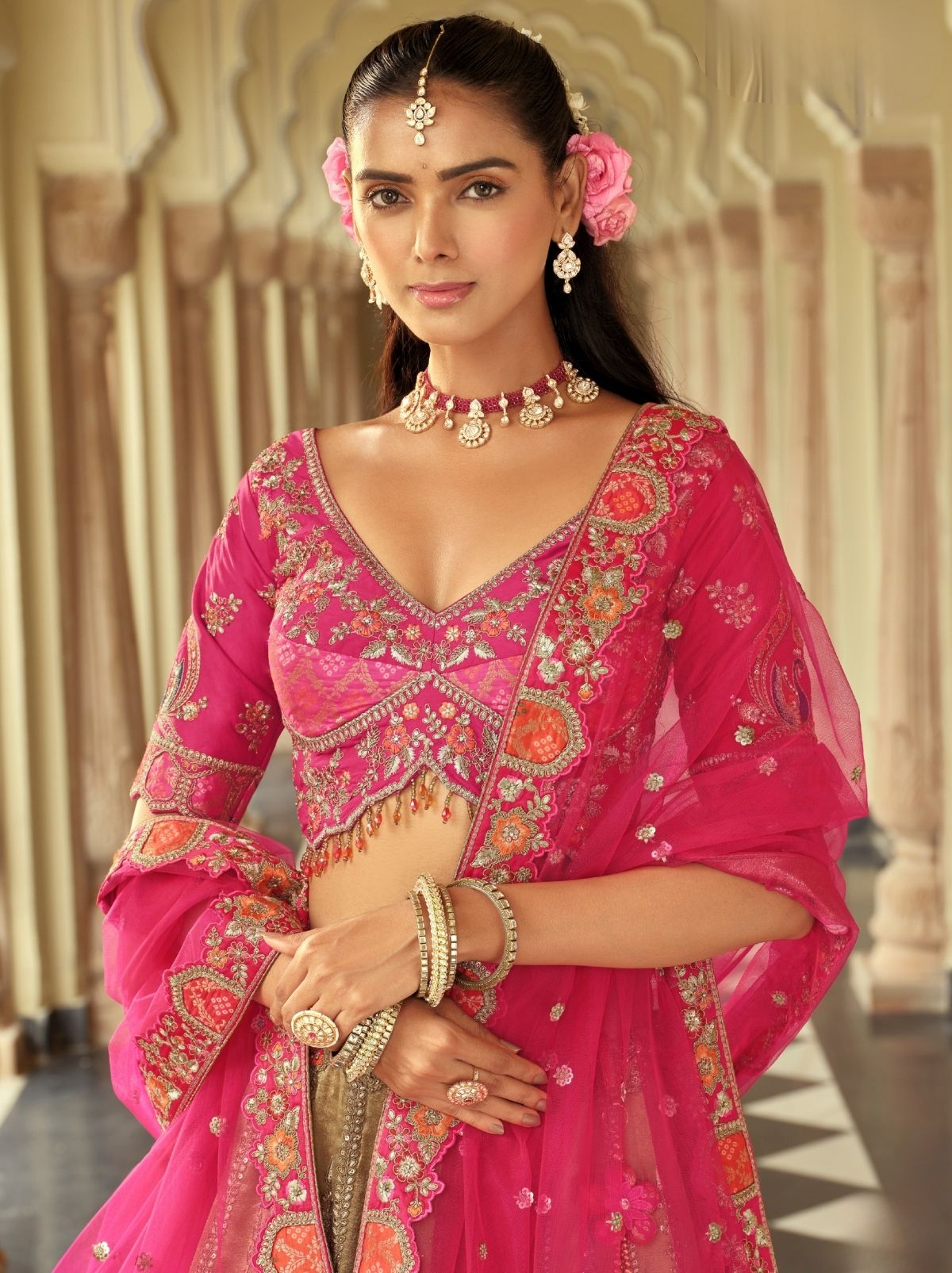 Sand Beige Majestic Wedding Lehenga Set With Mirror Work