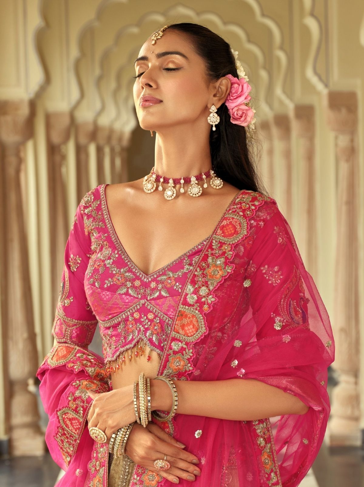 Sand Beige Majestic Wedding Lehenga Set With Mirror Work