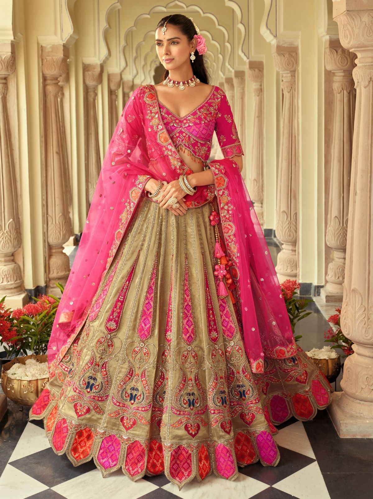 Sand Beige Majestic Wedding Lehenga Set With Mirror Work