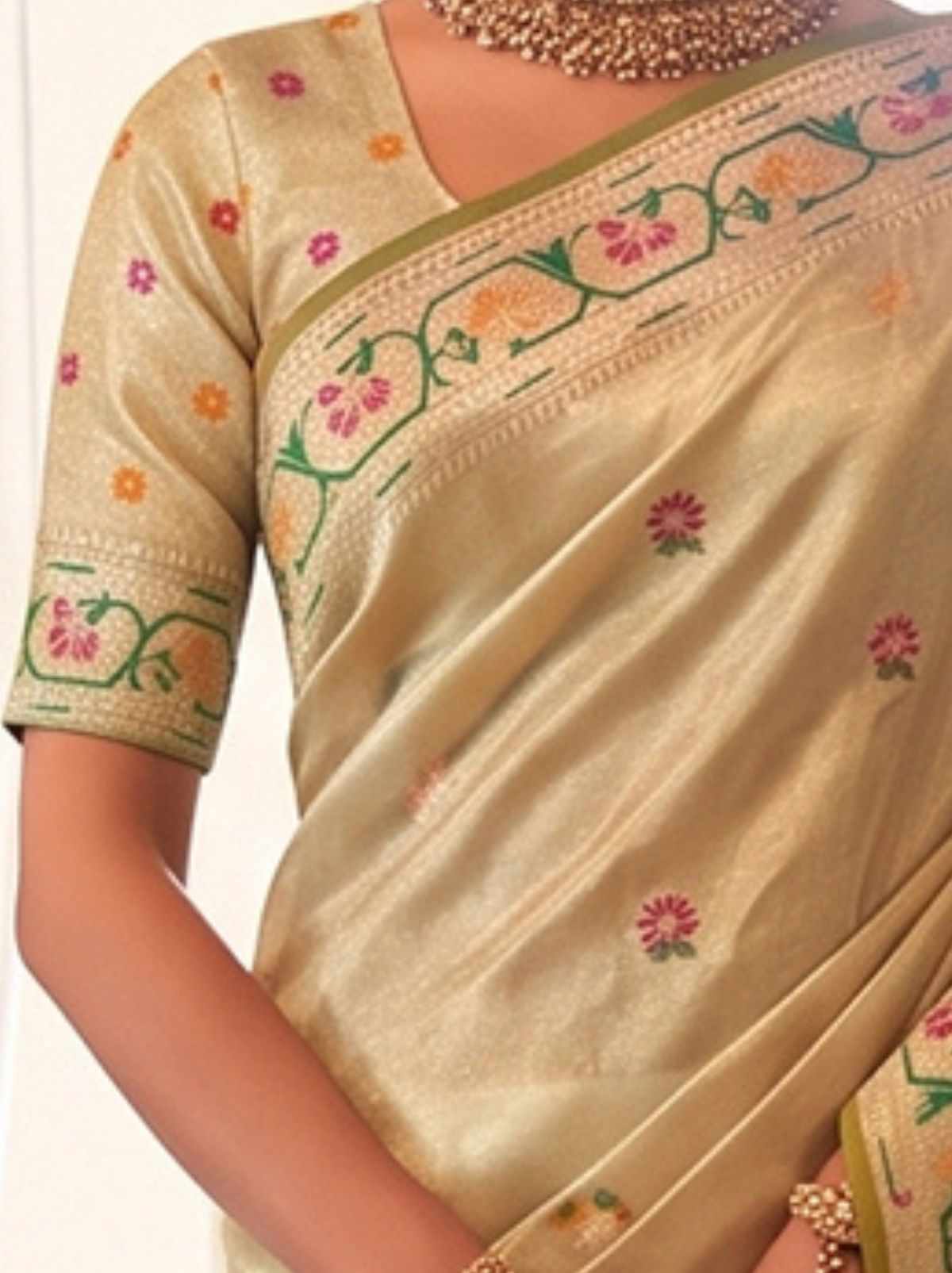 Beige Opulent Tissue Silk Saree with Soft Gold Zari Work