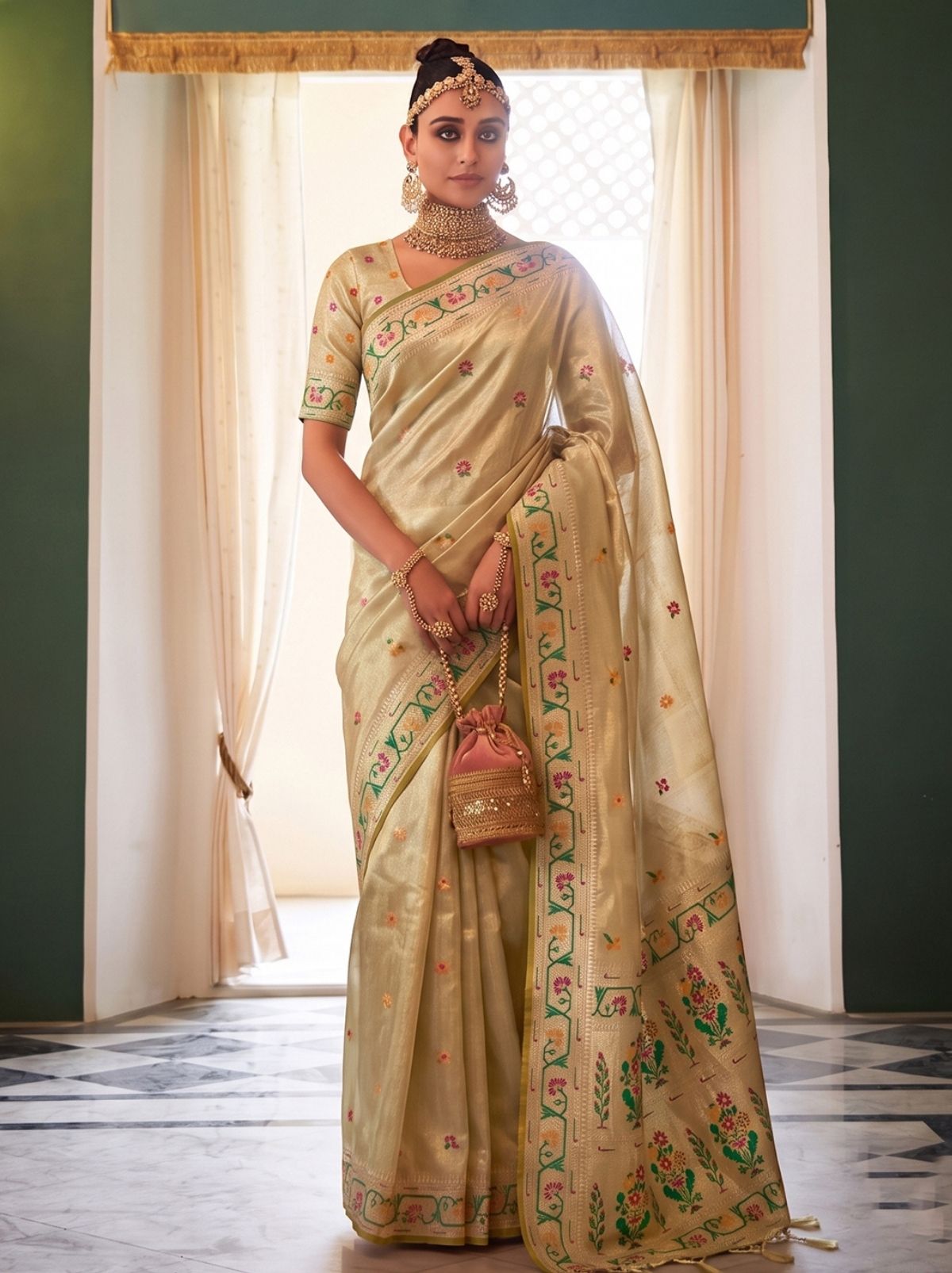 Beige Opulent Tissue Silk Saree with Soft Gold Zari Work