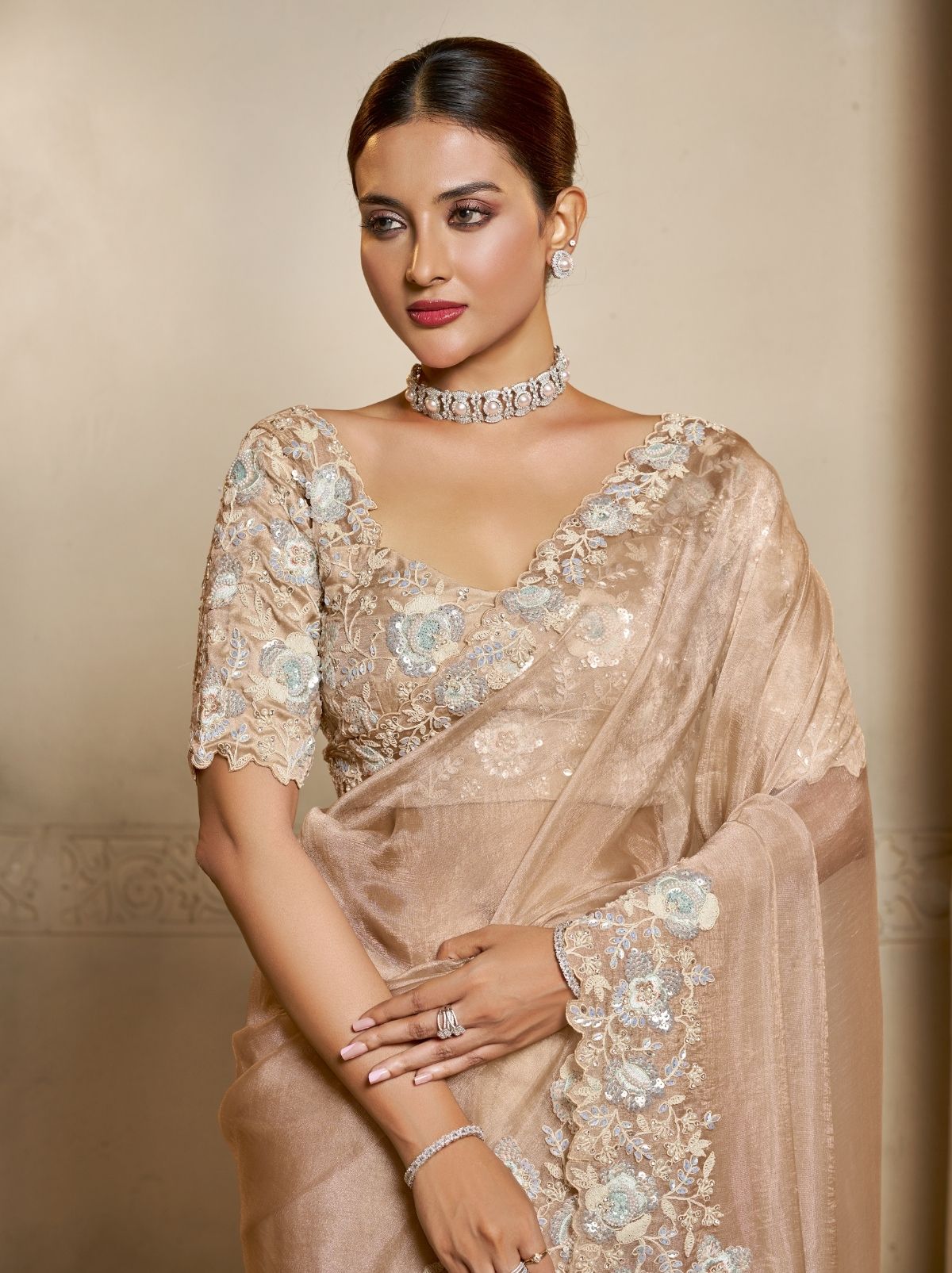 Beige Organza Crush Satin Silk Saree With Stonework