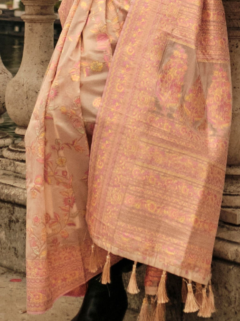 Beige Organza Kashmiri Designer Handloom Silk Saree - TrendOye