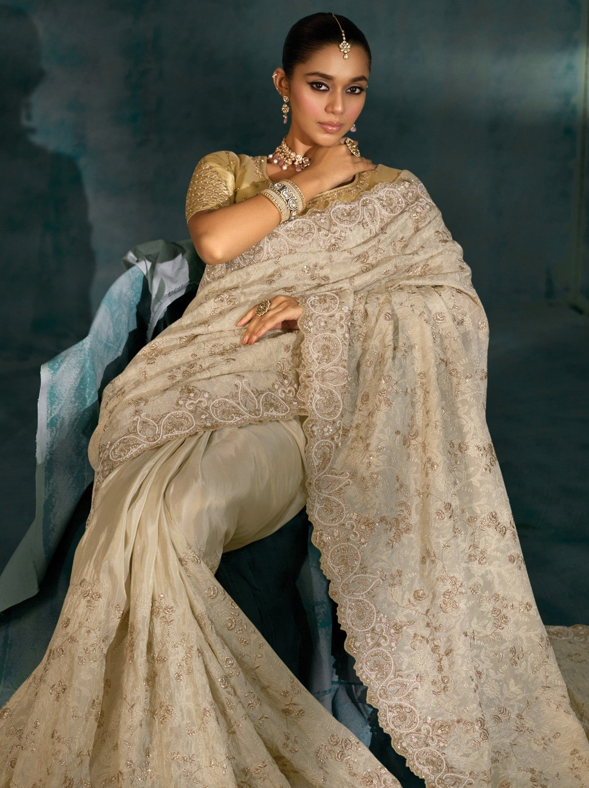 Beige Premium Banarasi Silk Wedding Designer Saree