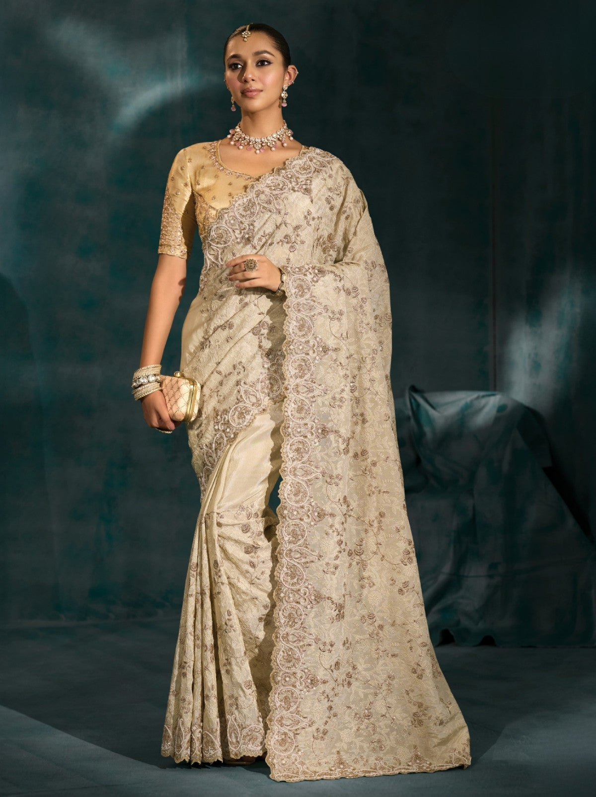 Beige Premium Banarasi Silk Wedding Designer Saree
