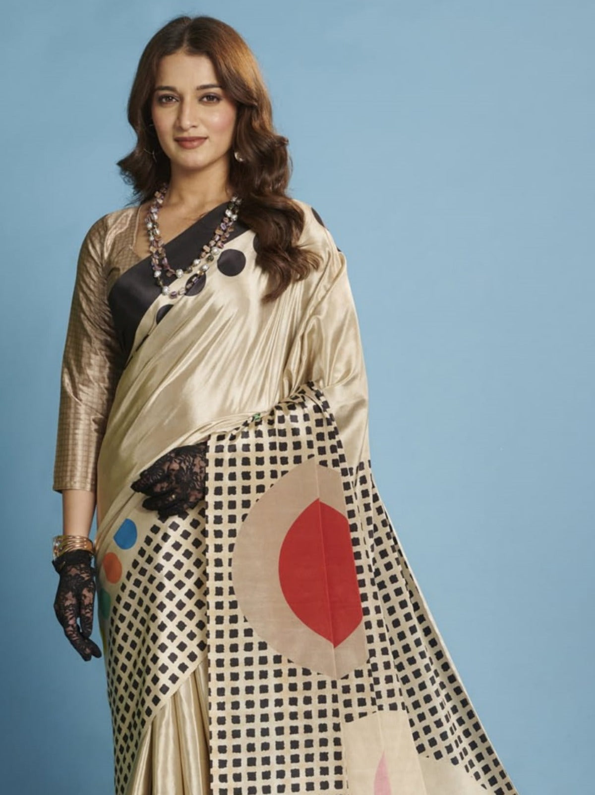 Beige Premium Crepe Silk Saree With Abstract Print