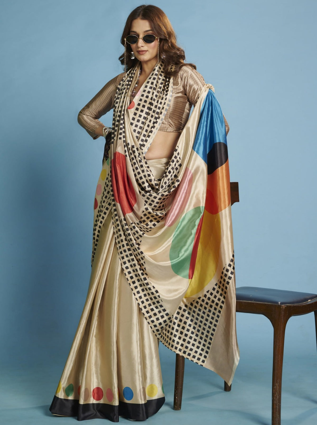 Beige Premium Crepe Silk Saree With Abstract Print
