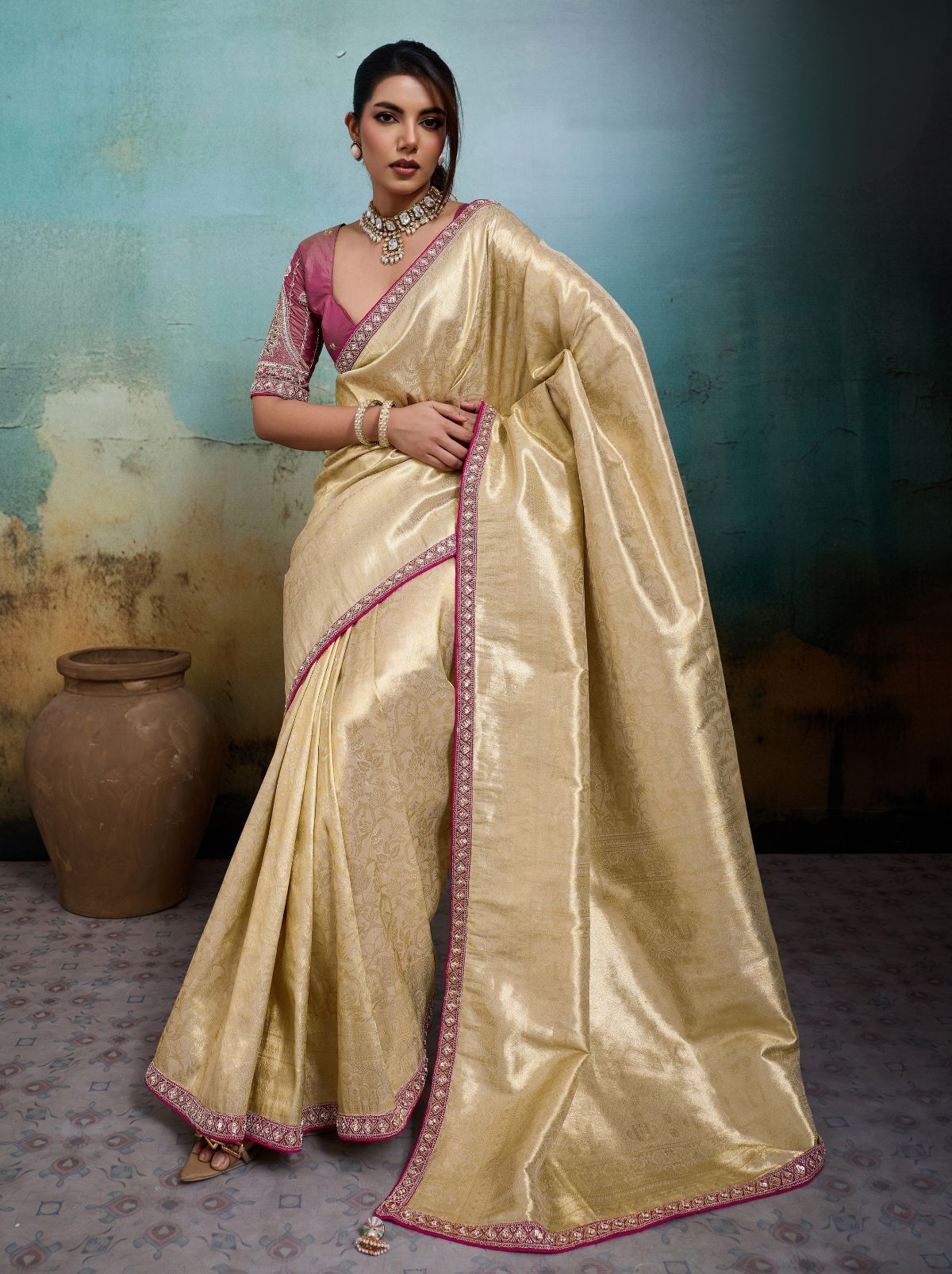 Beige Premium Designer Tissue Banarasi Saree With Blouse Piece