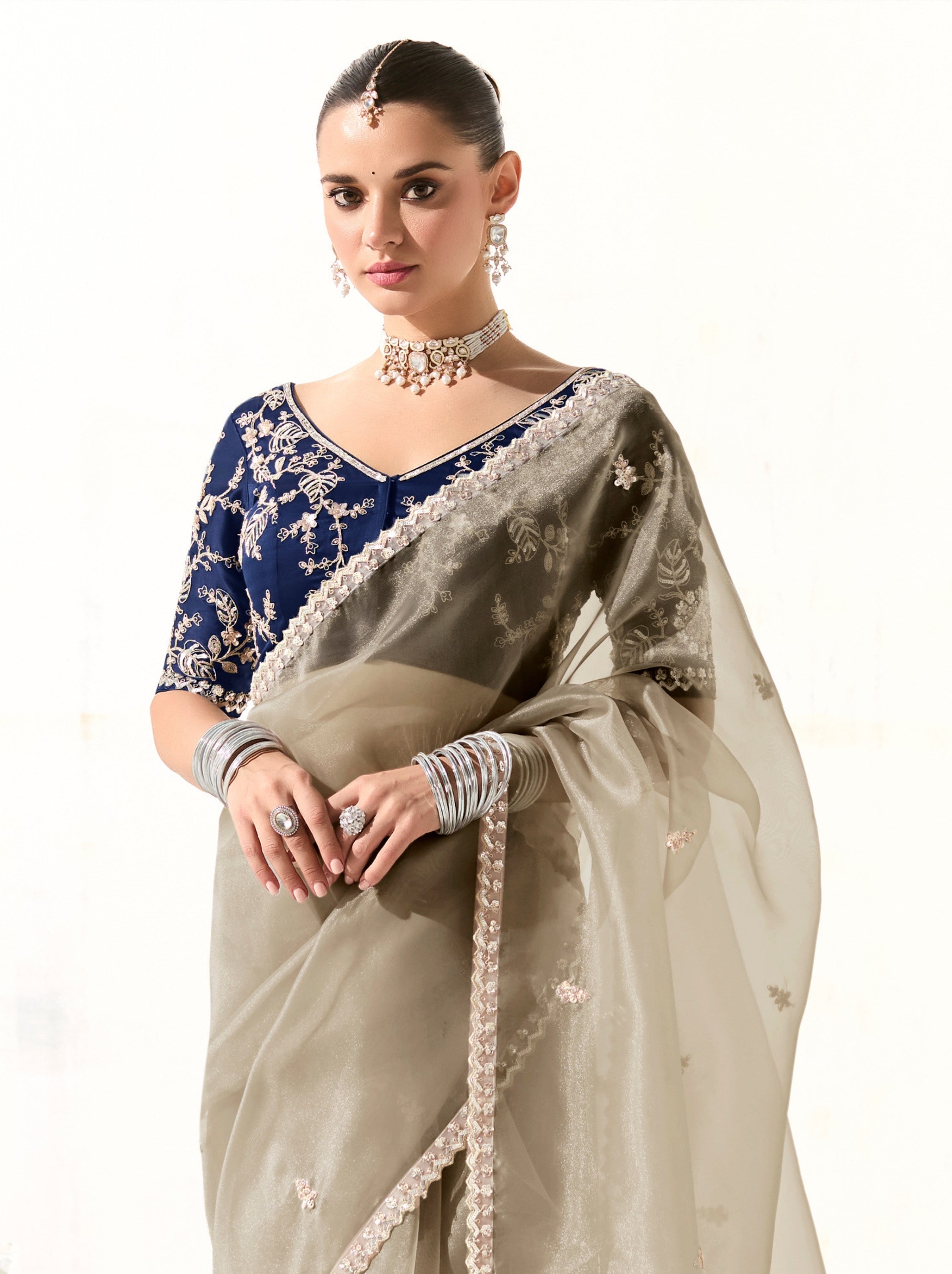 Beige Organza Premium Ethnic Designer Saree With Blouse Piece