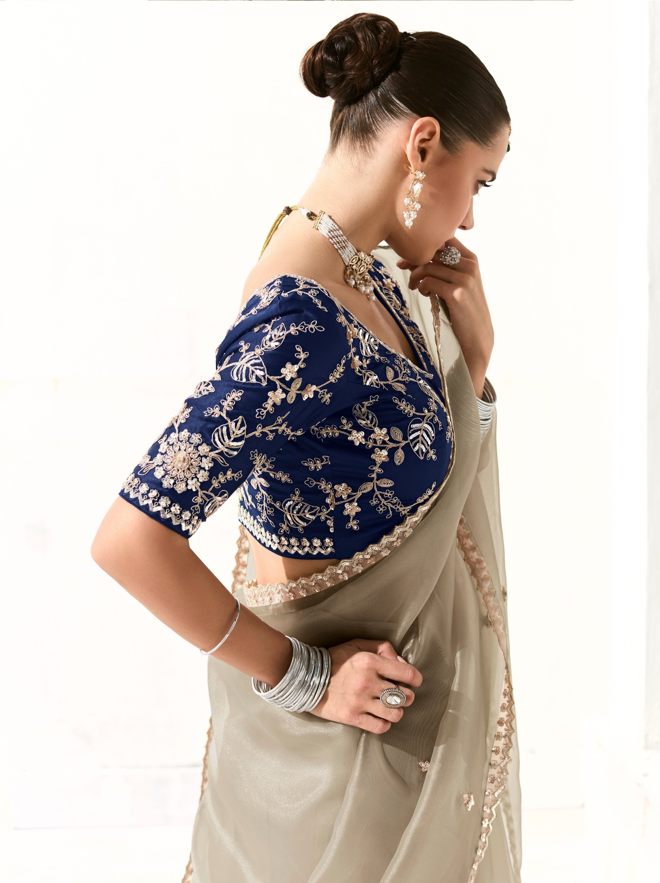 Beige Organza Premium Ethnic Designer Saree With Blouse Piece