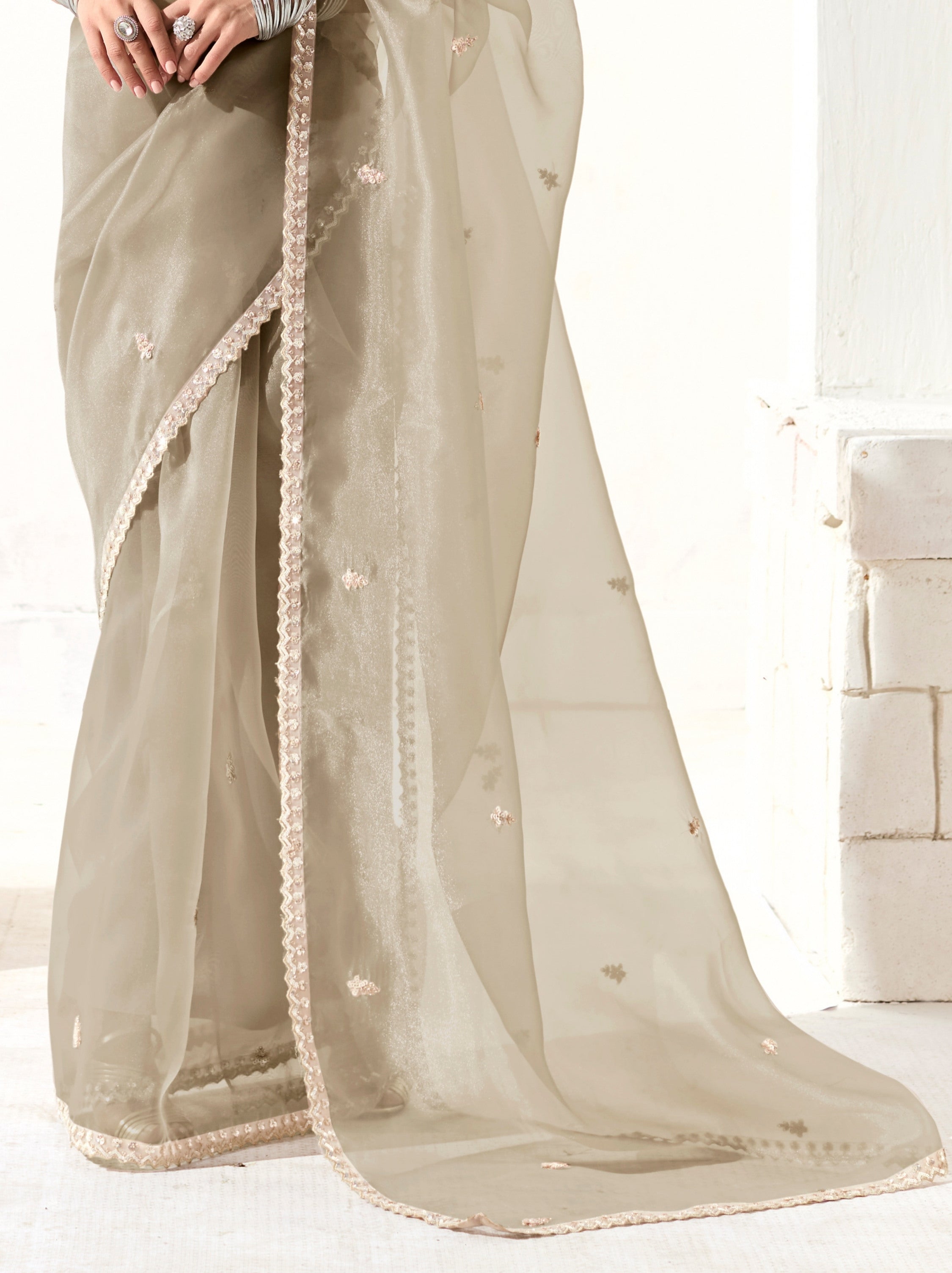 Beige Organza Premium Ethnic Designer Saree With Blouse Piece