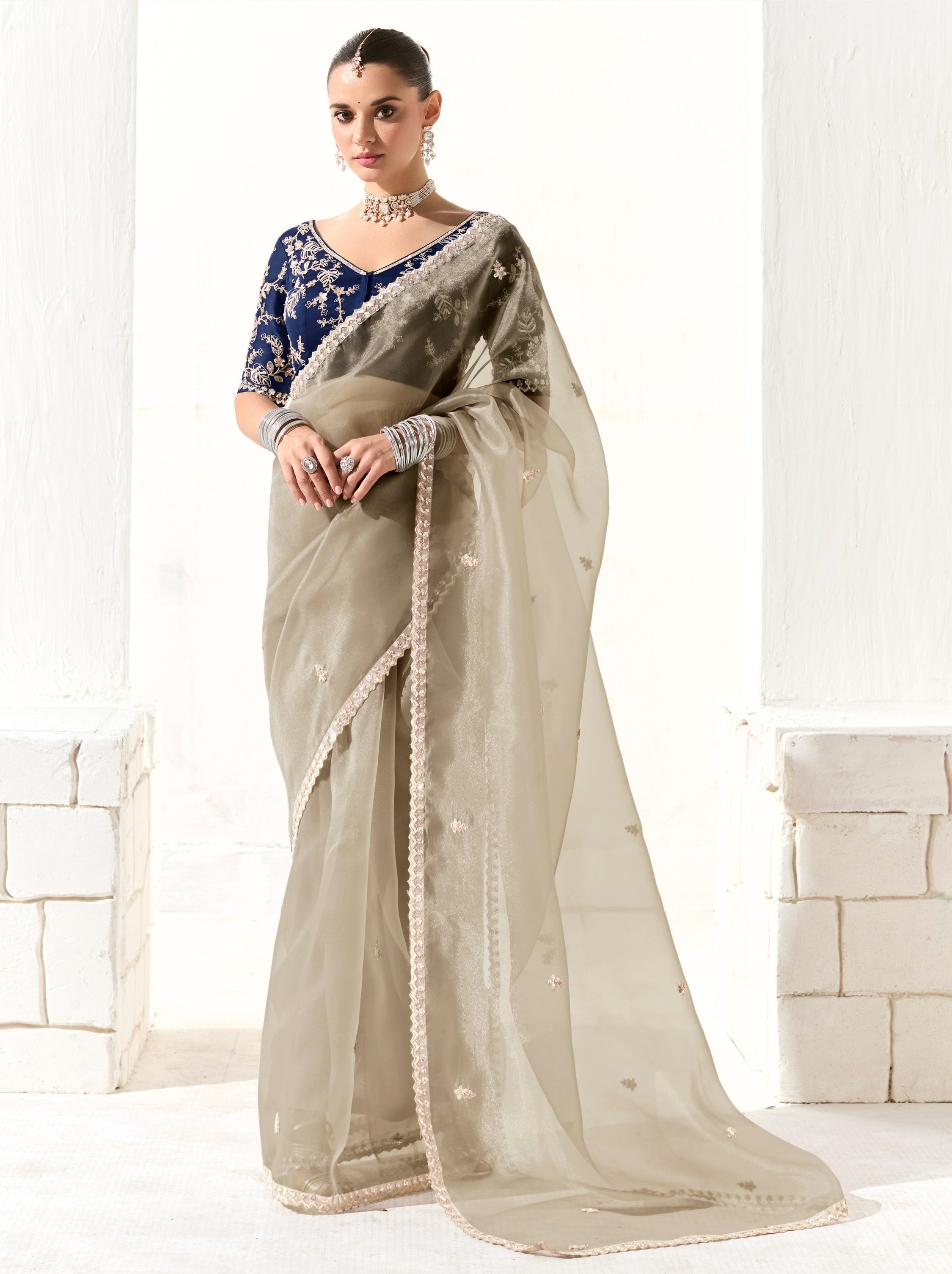 Beige Organza Premium Ethnic Designer Saree With Blouse Piece