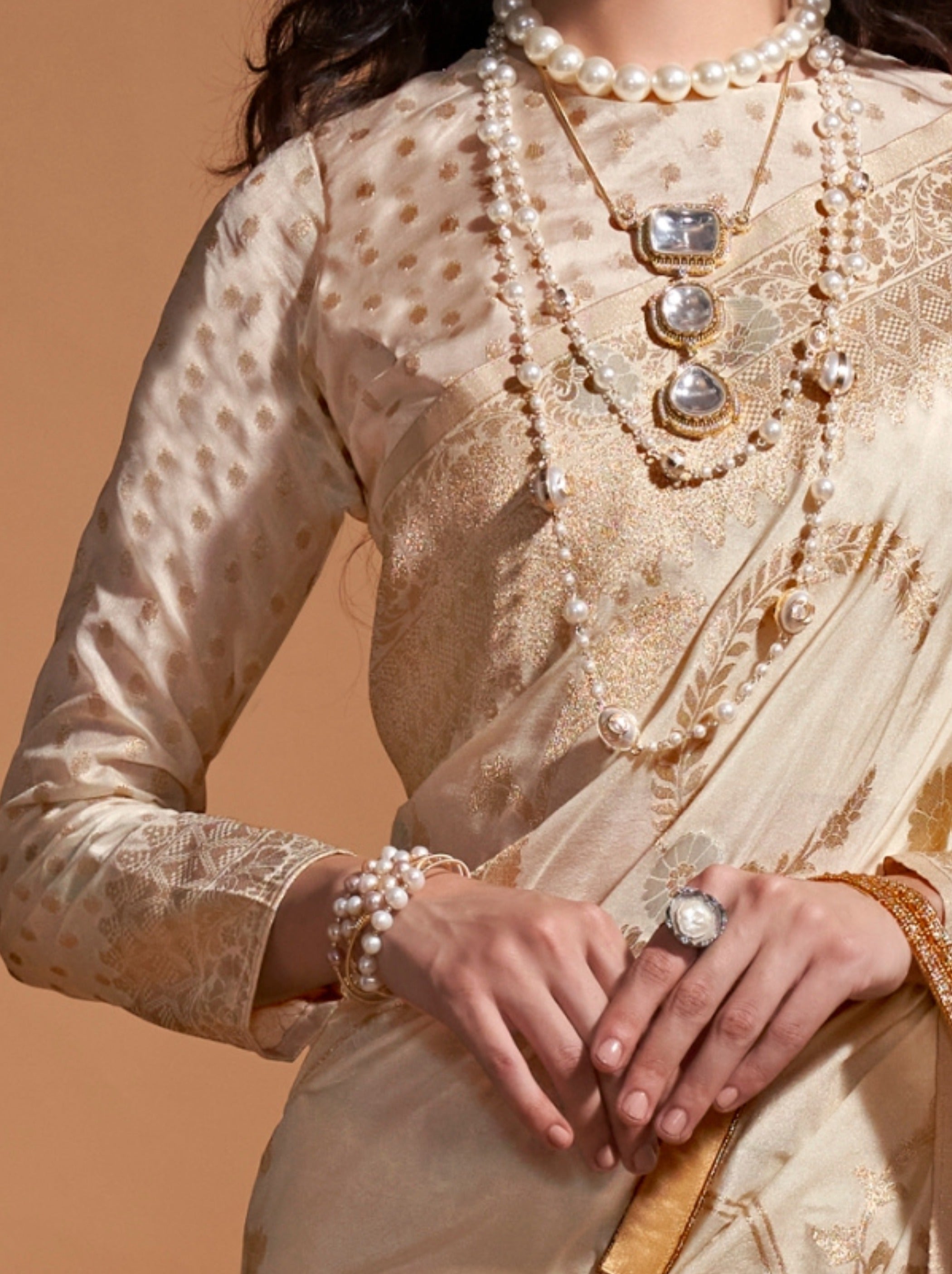 Beige Premium Georgette Saree With Unstitched Blouse - TrendOye