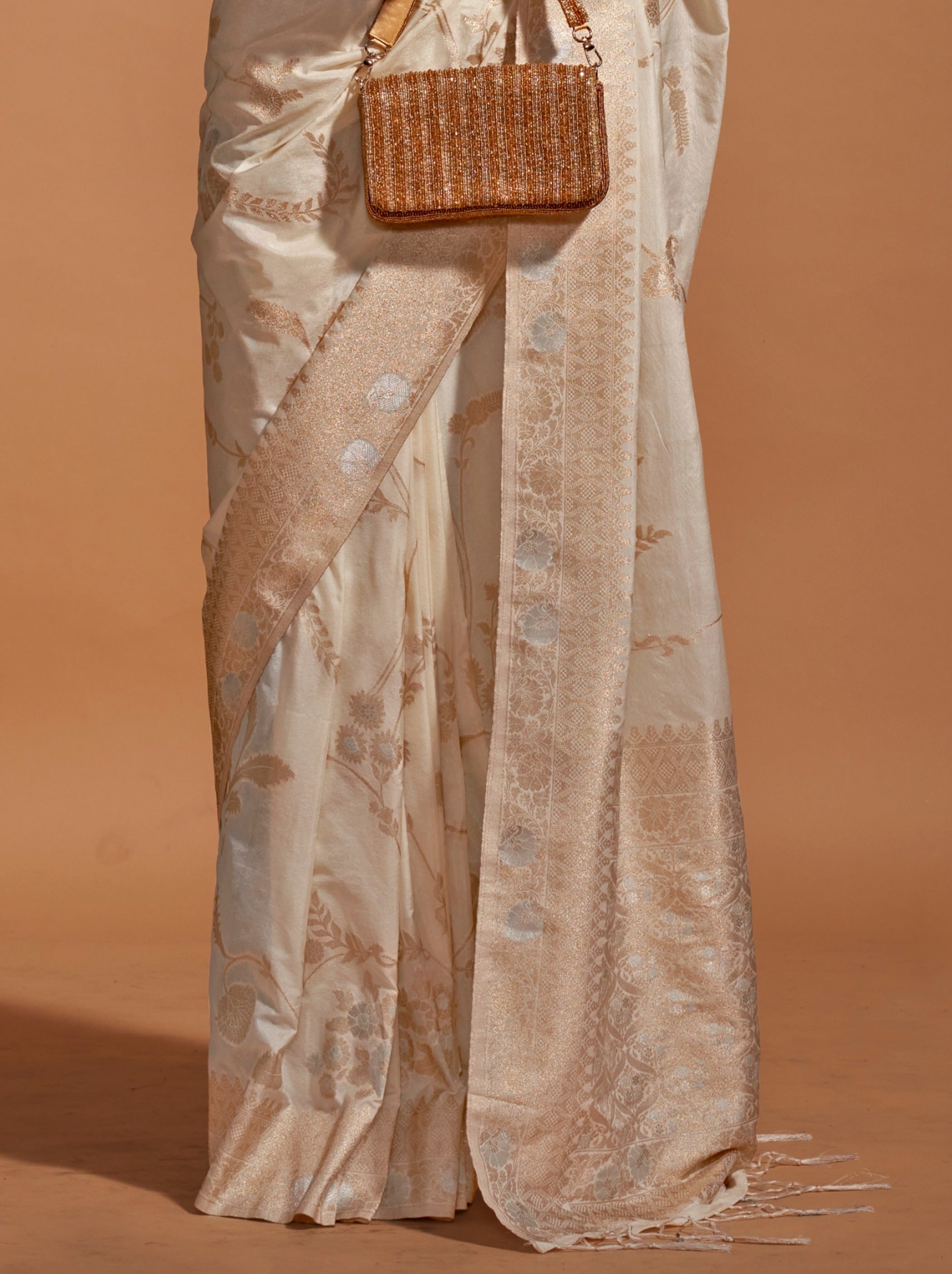 Beige Premium Georgette Saree With Unstitched Blouse - TrendOye