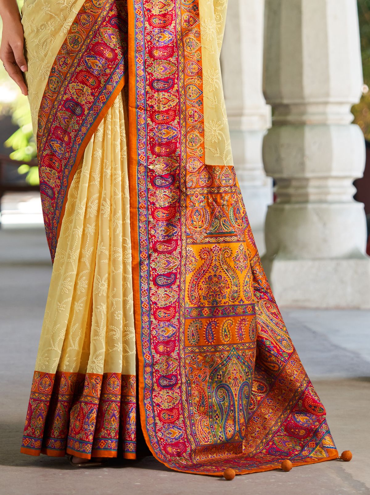 Dark Cream Premium Georgette Saree With Lucknowi Chikan Work